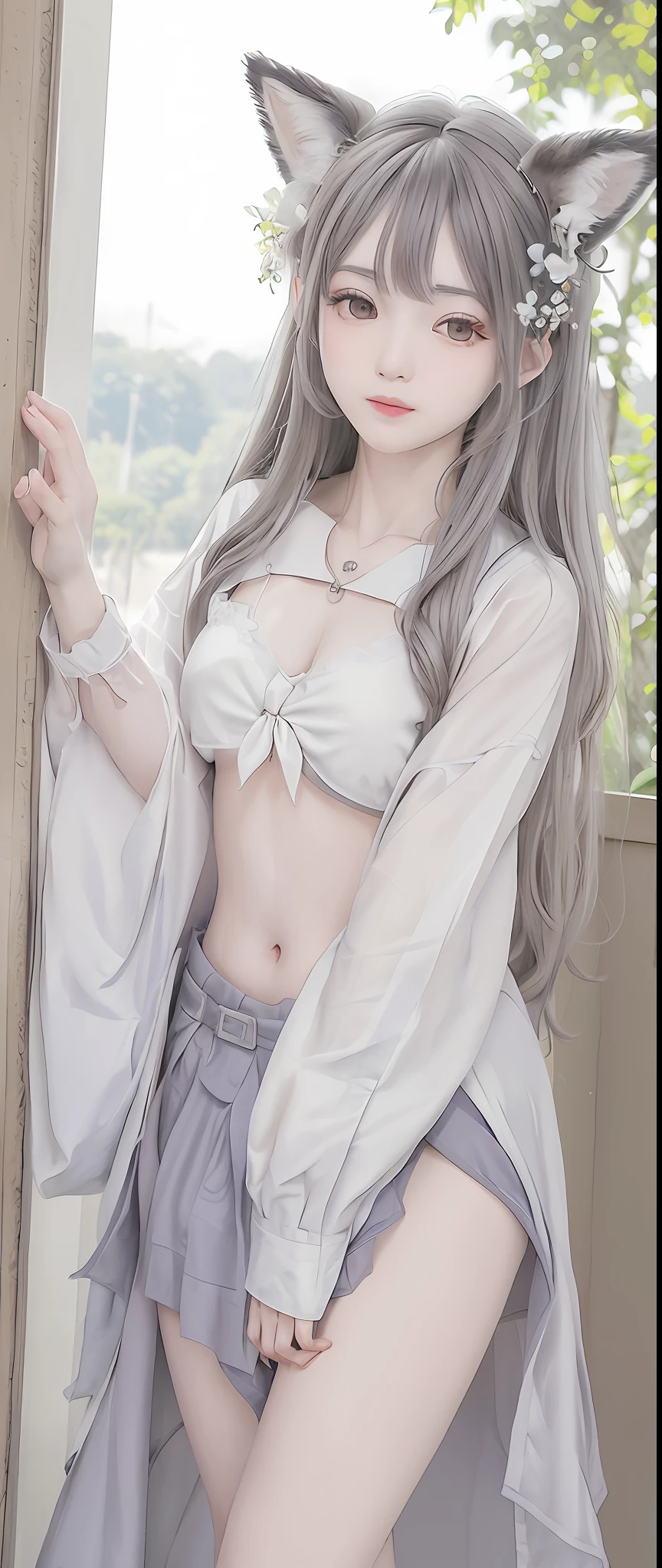 ((4K, Masterpiece, Best Quality)), shuimobysim, lotus, hanfu, maxiskit, 1 girl, 24 years old, mature sexy, solo, gray hair, long hair, fox ears, white, bikini, looking at the audience, teasing