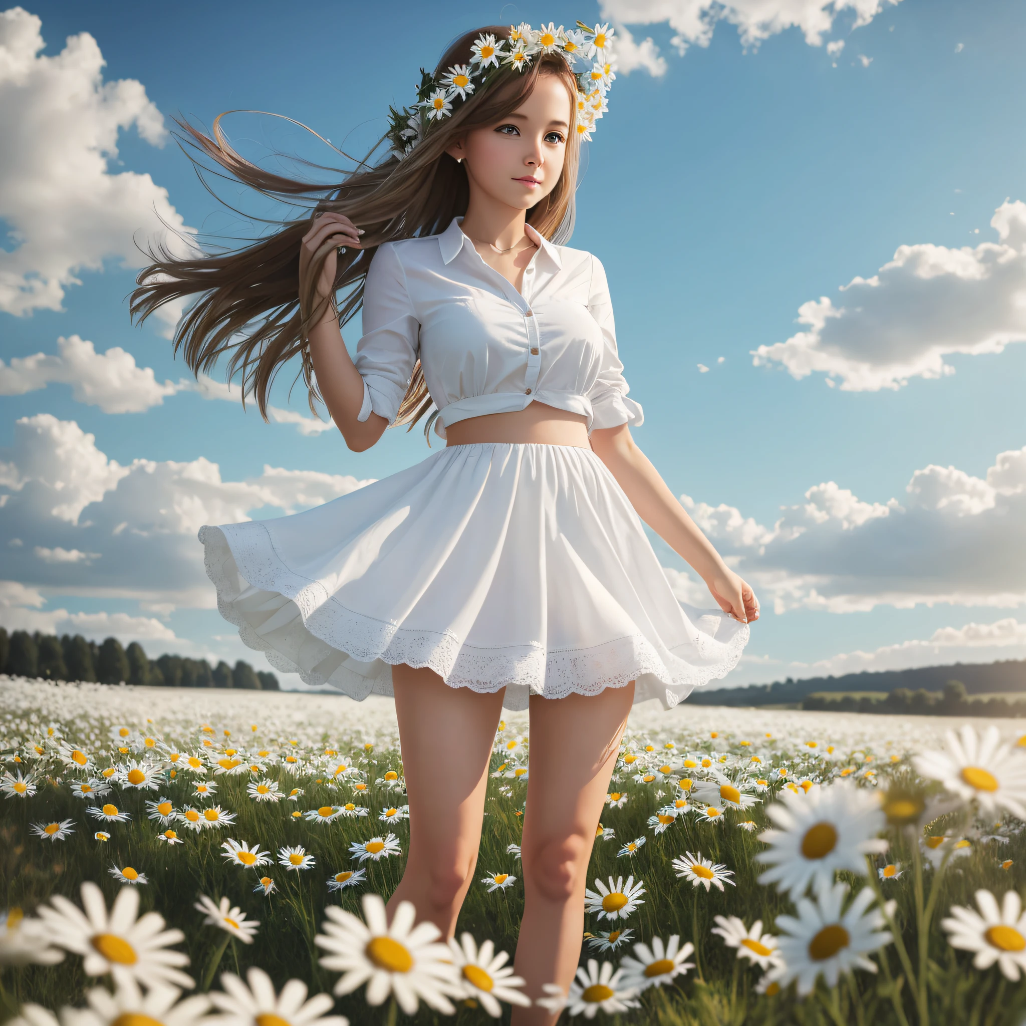 realistic photo of  Beautiful girl, wearing a short skirt, in the middle of a field of white daisies --auto --s2