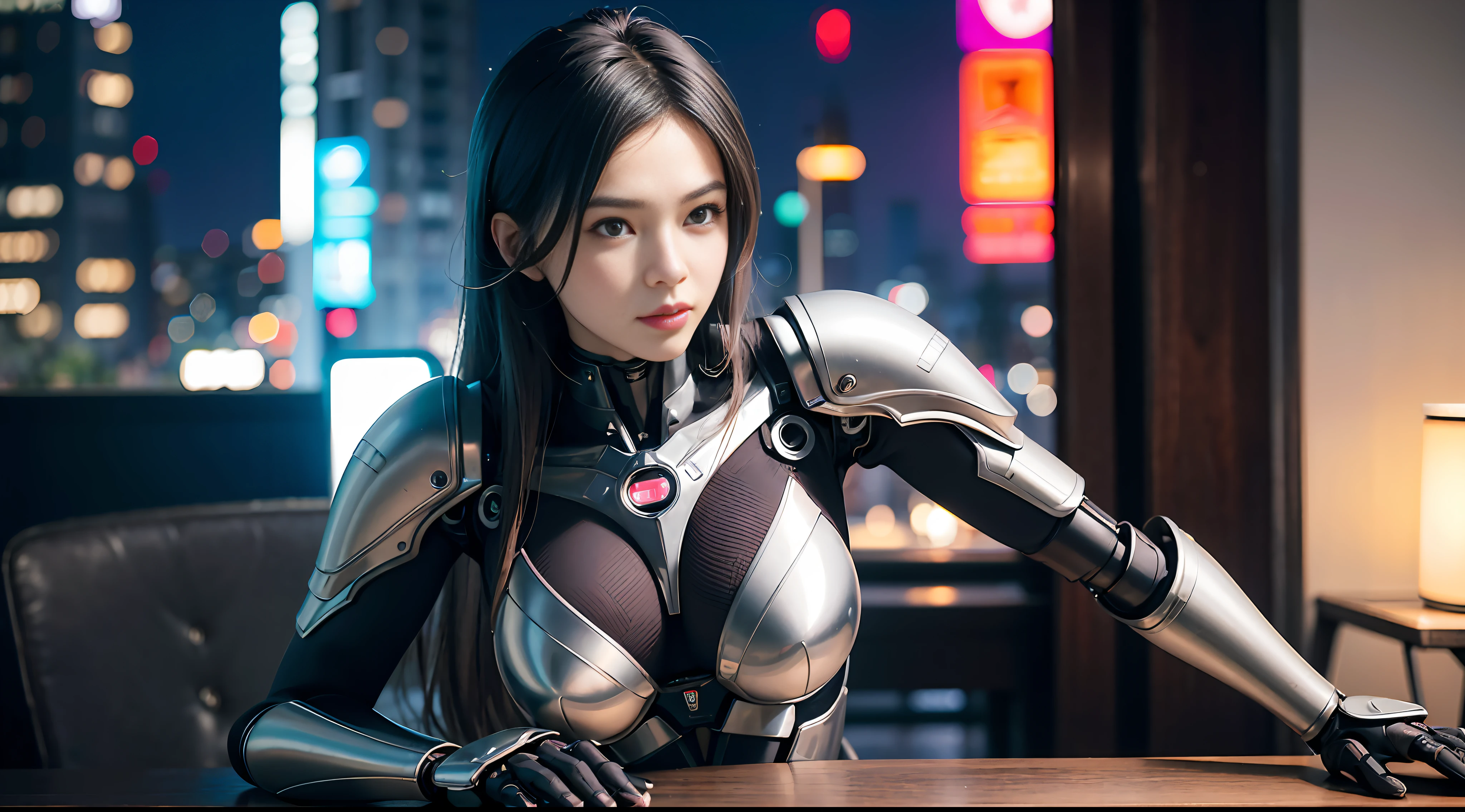 Photorealistic, woman in skimpy underwear (lace, full cyborg suit: 1.55) (Sit on the table: 1.5) (body turned towards viewer: 1.2), (head turned to the left: 1.8), (legs crossed: 1.4), black hair, cyborg, robot parts, beautiful detailed body and face, amorans, 2049, Japan girl at 16 years old, cute, juvenile, sexual, sigh, Inviting, Afrofuturistic, Made in Maya, Samyan, 2070, Cyborg, Robot Parts, Beautiful Studio Soft Lights, Rim Lights, Vivid Details, Gorgeous Cyberpunk, Lacing, Hyper-Realistic, Anatomical, Facial Muscles, Cable Electrical Wires, Microchip, Elegant, Beautiful Backgrounds, Octane Rendering, 8K, Top Quality, Masterpiece, Illustration Very delicate and beautiful, highly detailed CG, unity, wallpaper, (realistic, photorealistic: 1.37), amazing, fine details, masterpiece, top quality, official art, highly detailed CG Unity 8k wallpaper, absurd, incredibly absurd, robot, silver halmet, (full body: 1.4), standing, (nsfw: 1.2), sticking out ass, Beautiful line cyberpunk cityscape with big buttocks and thin constrictions, city with neon lights in the background, surprisingly detailed face,