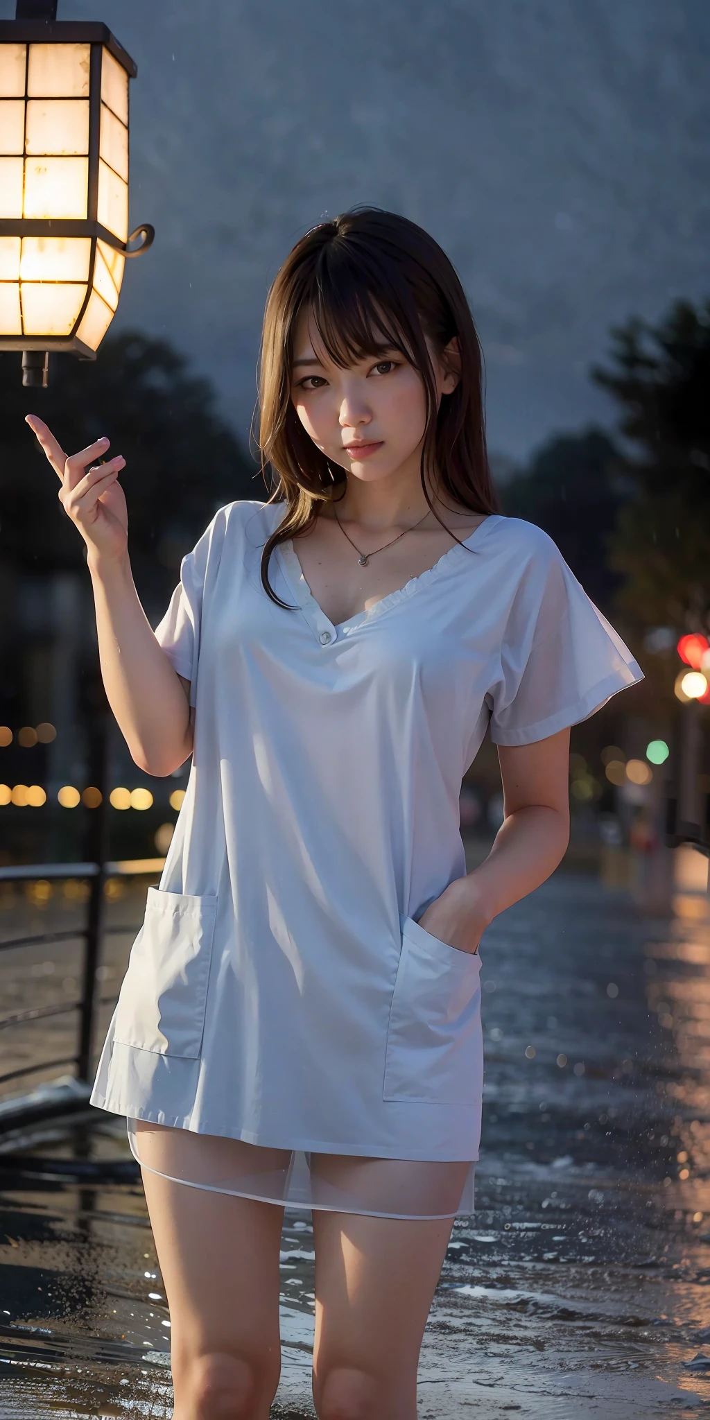 (8k, RAW photo, best quality, masterpiece: 1.2), (realistic, photorealistic: 1.37), 1 girl, cityscape, night, rain, wet, professional lighting, photon mapping, radiosity, Japan person, torn, chemise, small, nurse,