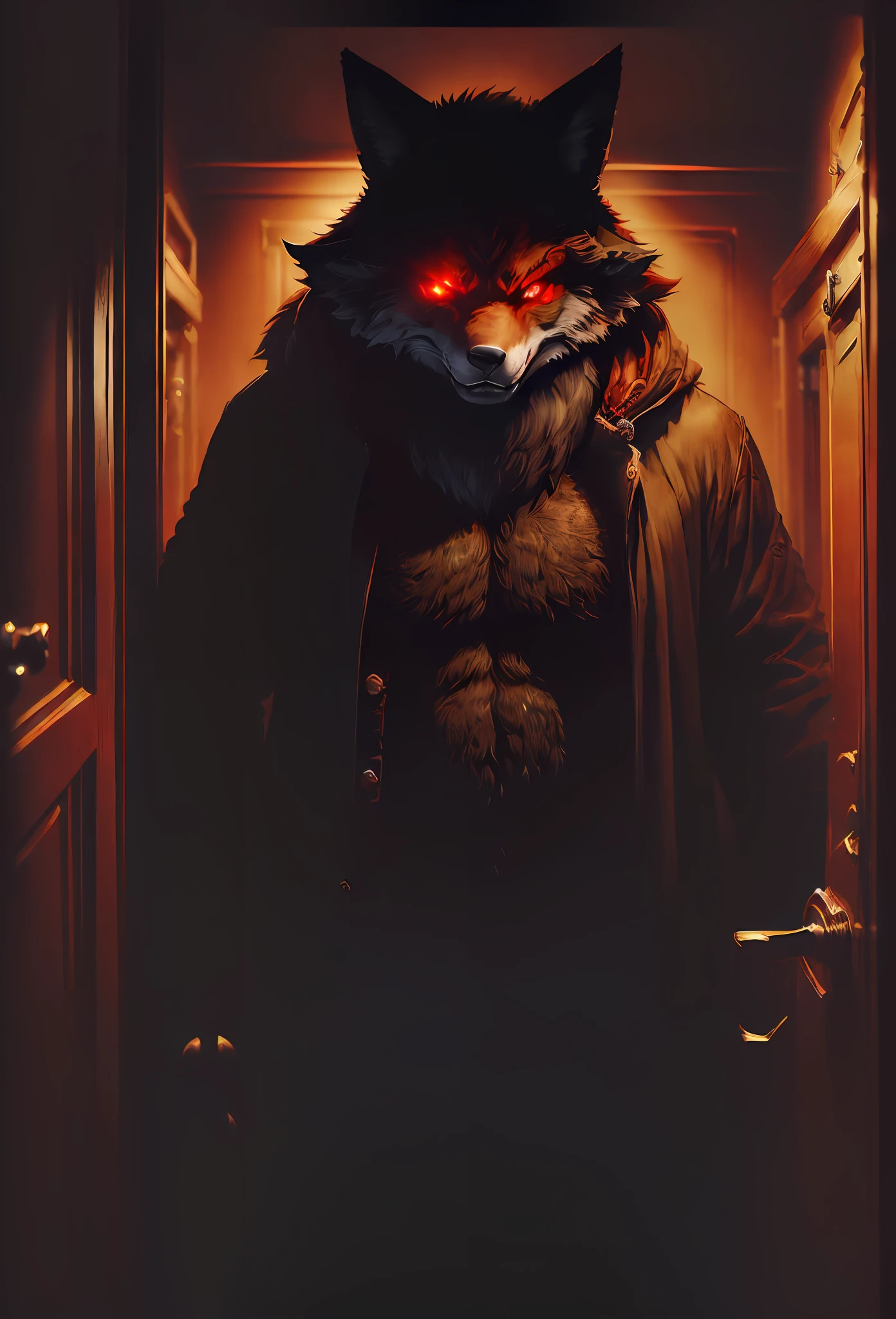 ((Beast: terrifying, big, fat, with fox tails, claws, red eyes glowing detailed, savage teeth saliva))), (((the camera is heading towards him))),((the camera: in the wardrobe, the clothes are looking at the monster and he is looking for them)  Night, much scary, horror, panic --auto --s2