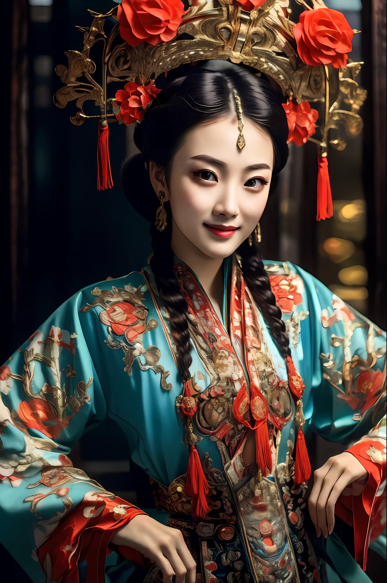 masterpiece,(best quality:1.3),ultra high res,raw photo,detailed skin,beautiful lighting,(realistic, photo-realistic:1.4),
1girl,guofeng,full body,(Smile:1.3),