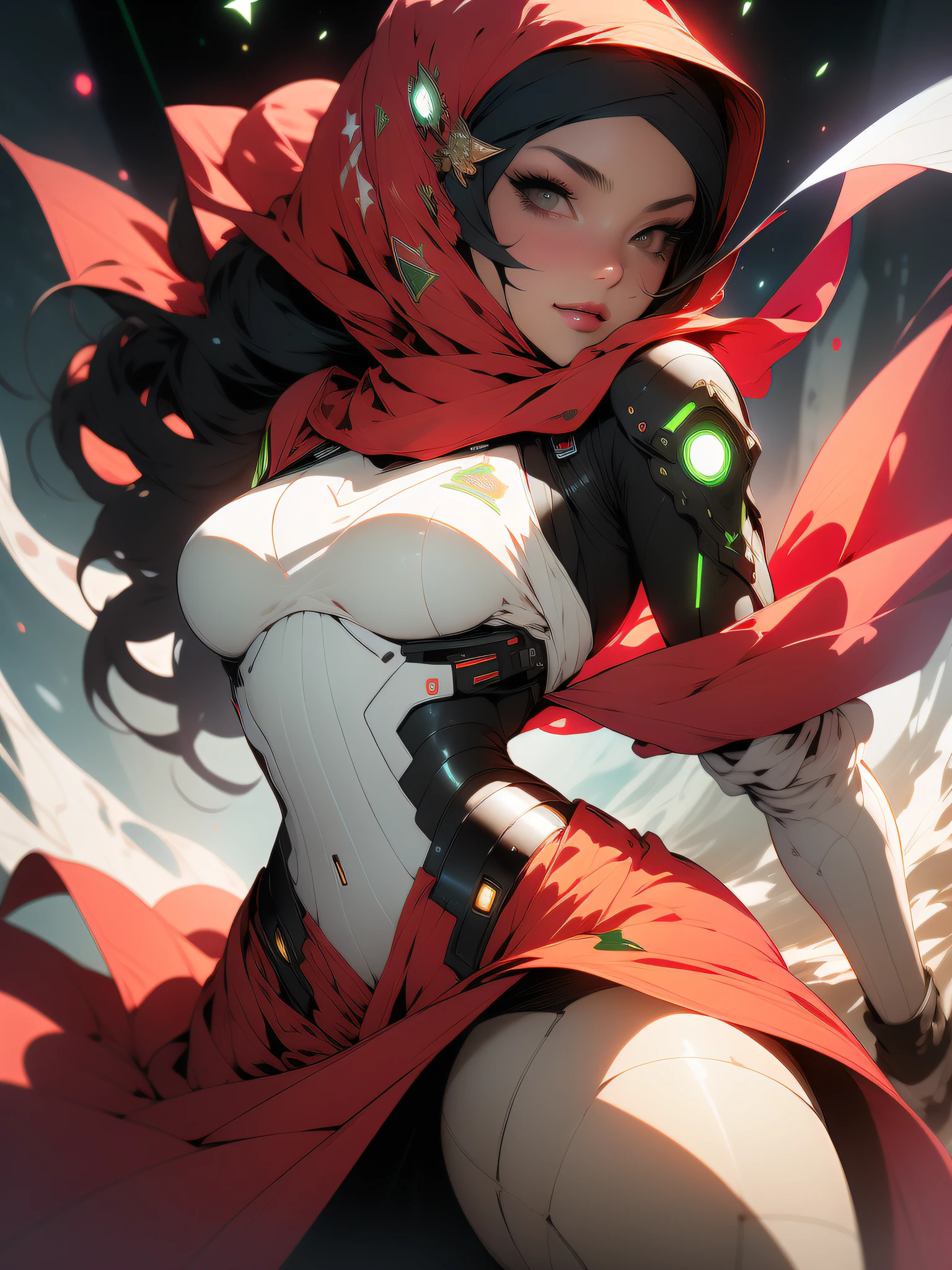 ((Best quality)), ((masterpiece)), (detailed: 1.4), (Absurd), Fighter pilot (((Muslim woman wearing long dark red dress face covered)))), (((back))), ready for war, dark skin, Middle Eastern woman, sculptural body with defined muscles, closed mouth, muscular body covered by a Hoyoverse-style technological dress, Honkai Impact, Geishin Impast, technological veil covering the face, Veil covering the head,  whole body covered by clothing, holding two scimitars, ((small breasts)), (violet eyes without pupils), ((very dark red and very dark green clothing)), (((white and black hair fulfilled)), (thin white stripes on the green covering the breasts), (image of a Persian sword on the arms), ((drawings of green stars on the arms)), very long eyelashes, heavy eye makeup,  lots of jewelry, by mucha, niji --V5, close to real, psychopathic, crazy face, sexy pose, background with a giant Gundam style robot head, 2 piece clothing, diamond shoulder pads, pastel, centered, scale to fit dimensions, HDR (High Dynamic Range),Ray Tracing,NVIDIA RTX,Super-Resolution,Unreal 5,Subsurface dispersion, PBR texture, Post-processing, Anisotropic filtering, Depth of field,  Maximum clarity and sharpness, Multilayer textures, Albedo and specular maps, Surface shading, Accurate simulation of light-material interaction, Perfect proportions, Octane Render, Two-tone lighting, Wide aperture, Low ISO, White balance, Rule of thirds, 8K RAW, crysisnanosuit