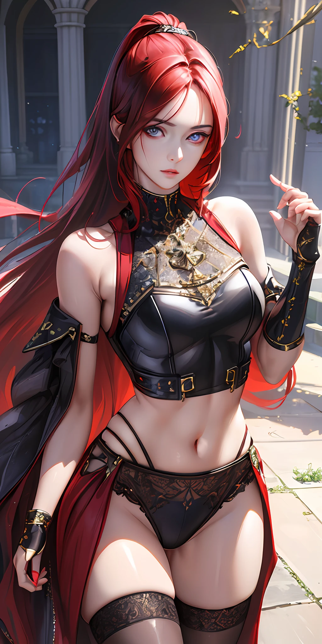 (photorealistic:1.4), (masterpiece, sidelighting, finely detailed beautiful eyes: 1.2), masterpiece*portrait, realistic, 3d face, glowing eyes, shiny red hair, lustrous skin, solo, embarassed, (midriff), black underwear, leotard,