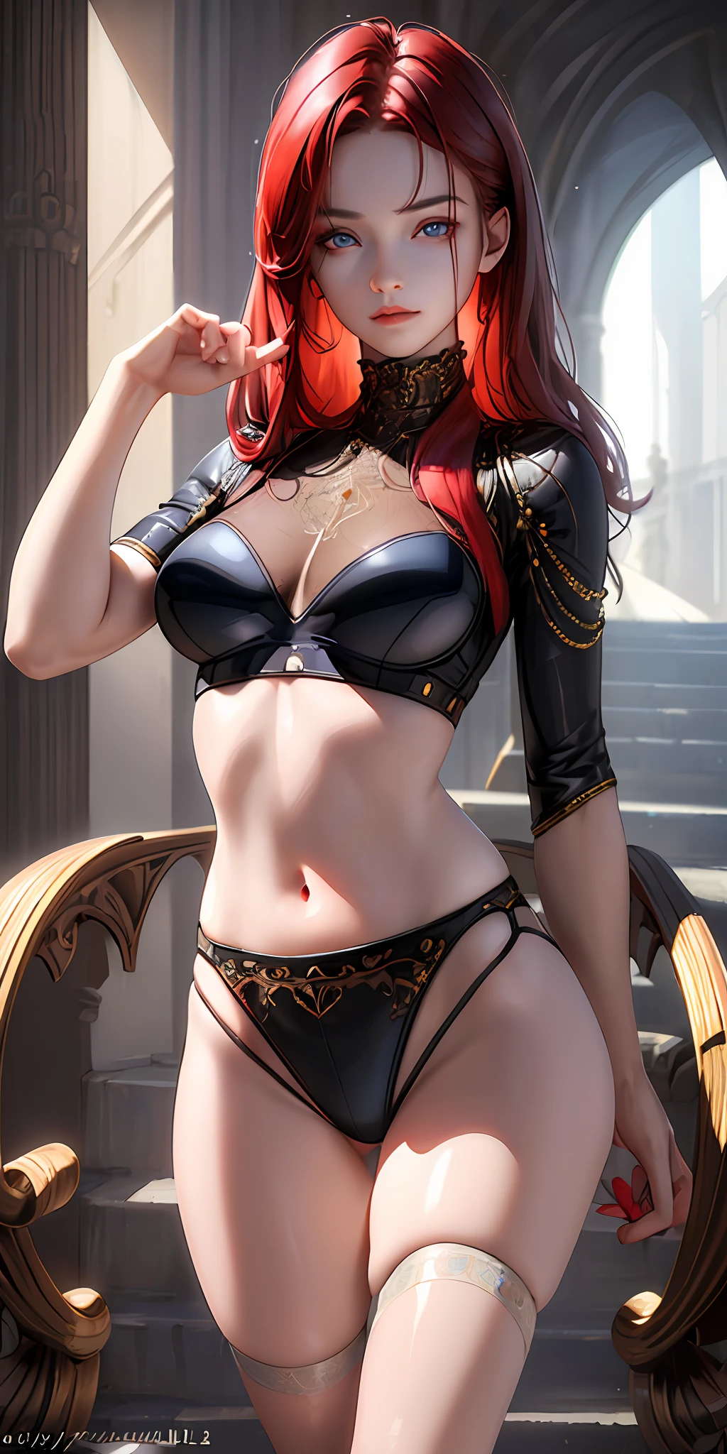 (photorealistic:1.4), (masterpiece, sidelighting, finely detailed beautiful eyes: 1.2), masterpiece*portrait, realistic, 3d face, glowing eyes, shiny red hair, lustrous skin, solo, embarassed, (midriff), black underwear, leotard,