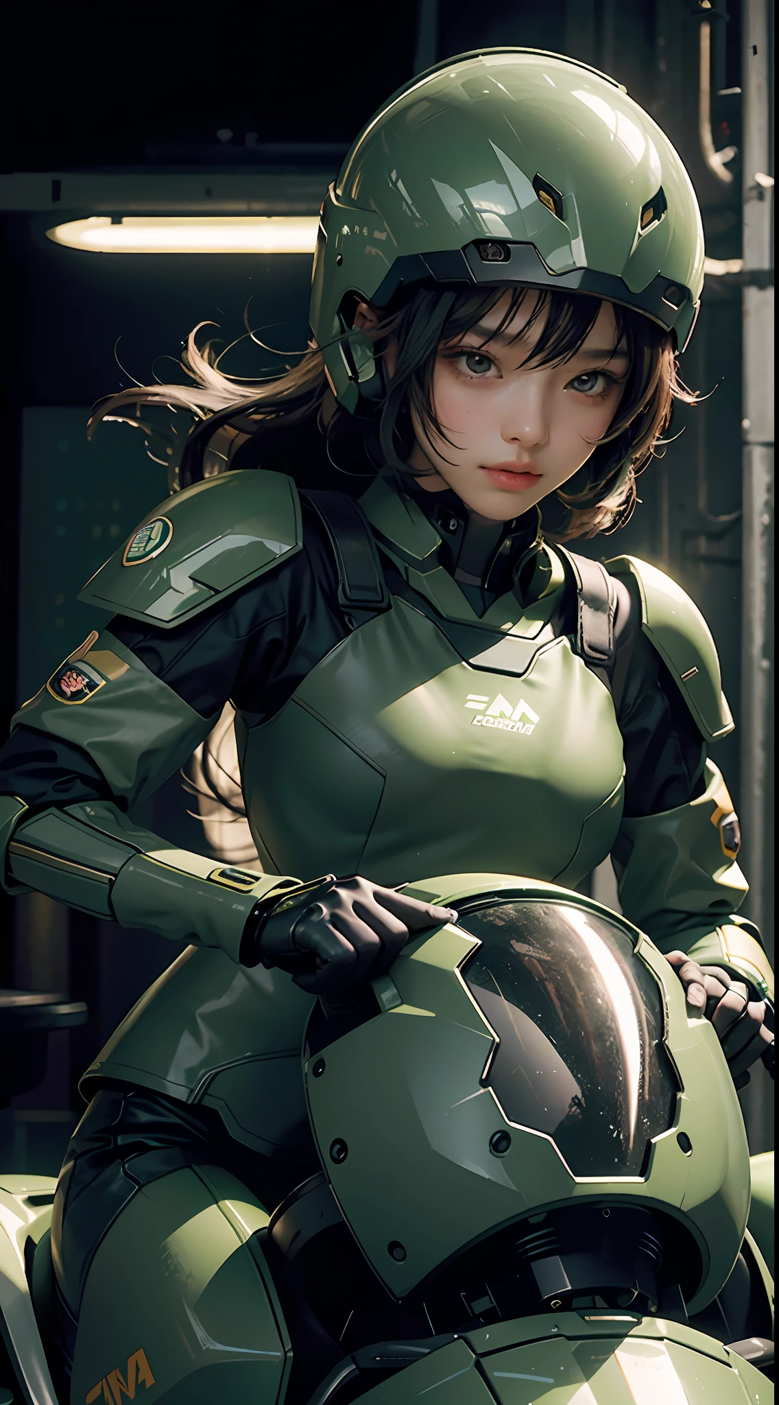 Highest image quality, outstanding details, ultra-high resolution, (realism: 1.4), the best illustration, favor details, highly condensed 1girl, with a delicate and beautiful face, dressed in a black and green mecha, wearing a mecha helmet, holding a directional controller, riding on a motorcycle, the background is a high-tech lighting scene of the future city.