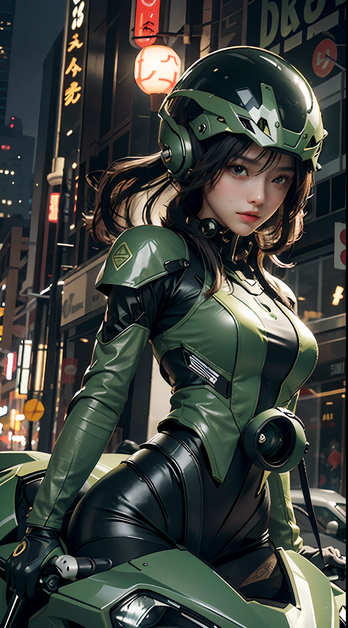 Highest image quality, outstanding details, ultra-high resolution, (realism: 1.4), the best illustration, favor details, highly condensed 1girl, with a delicate and beautiful face, dressed in a black and green mecha, wearing a mecha helmet, holding a directional controller, riding on a motorcycle, the background is a high-tech lighting scene of the future city.