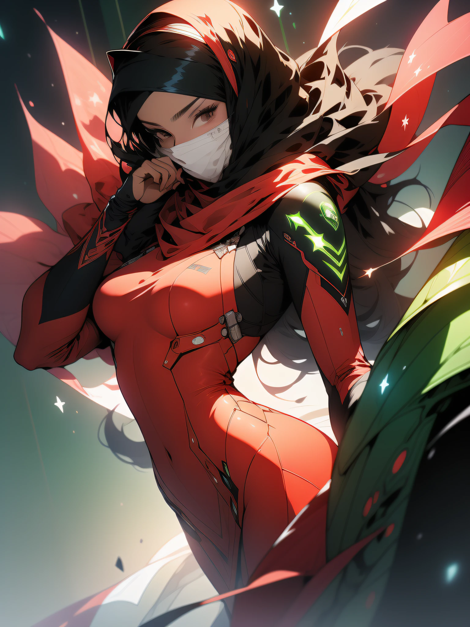 ((Best quality)), ((masterpiece)), (detailed: 1.4), (Absurd), Fighter pilot (((Muslim woman wearing long dark red dress face covered)))), ready for war, dark skin, Middle Eastern woman, sculptural body with defined muscles, closed mouth, muscular body covered by a Hoyoverse-style technological dress, Honkai Impact, Geishin Impast, technological veil covering face, Veil covering head,  whole body covered by clothing, holding two scimitars, ((small breasts)), (violet eyes without pupils), ((very dark red and very dark green clothing)), (((white and black hair fulfilled)), (thin white stripes on the green covering the breasts), (image of a Persian sword on the arms), ((drawings of green stars on the arms)), very long eyelashes, heavy eye makeup,  lots of jewelry, by mucha, niji --V5, close to real, psychopathic, crazy face, sexy pose, background with a giant Gundam style robot head, 2 piece clothing, diamond shoulder pads, pastel, centered, scale to fit dimensions, HDR (High Dynamic Range),Ray Tracing,NVIDIA RTX,Super-Resolution,Unreal 5,Subsurface dispersion, PBR texture, Post-processing, Anisotropic filtering, Depth of field,  Maximum clarity and sharpness, Multilayer textures, Albedo and specular maps, Surface shading, Accurate simulation of light-material interaction, Perfect proportions, Octane Render, Two-tone lighting, Wide aperture, Low ISO, White balance, Rule of thirds, 8K RAW, crysisnanosuit