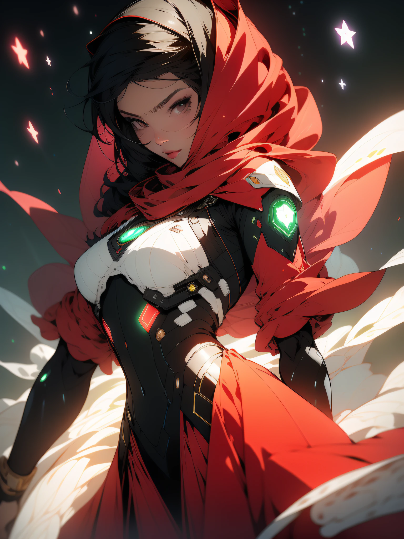 ((Best quality)), ((masterpiece)), (detailed: 1.4), (Absurd), Fighter pilot (((Muslim woman wearing long dark red dress face covered)))), ready for war, dark skin, Middle Eastern woman, sculptural body with defined muscles, closed mouth, muscular body covered by a Hoyoverse-style technological dress, Honkai Impact, Geishin Impast, technological veil covering face, Veil covering head,  whole body covered by clothing, holding two scimitars, ((small breasts)), (violet eyes without pupils), ((very dark red and very dark green clothing)), (((white and black hair fulfilled)), (thin white stripes on the green covering the breasts), (image of a Persian sword on the arms), ((drawings of green stars on the arms)), very long eyelashes, heavy eye makeup,  lots of jewelry, by mucha, niji --V5, close to real, psychopathic, crazy face, sexy pose, background with a giant Gundam style robot head, 2 piece clothing, diamond shoulder pads, pastel, centered, scale to fit dimensions, HDR (High Dynamic Range),Ray Tracing,NVIDIA RTX,Super-Resolution,Unreal 5,Subsurface dispersion, PBR texture, Post-processing, Anisotropic filtering, Depth of field,  Maximum clarity and sharpness, Multilayer textures, Albedo and specular maps, Surface shading, Accurate simulation of light-material interaction, Perfect proportions, Octane Render, Two-tone lighting, Wide aperture, Low ISO, White balance, Rule of thirds, 8K RAW, crysisnanosuit