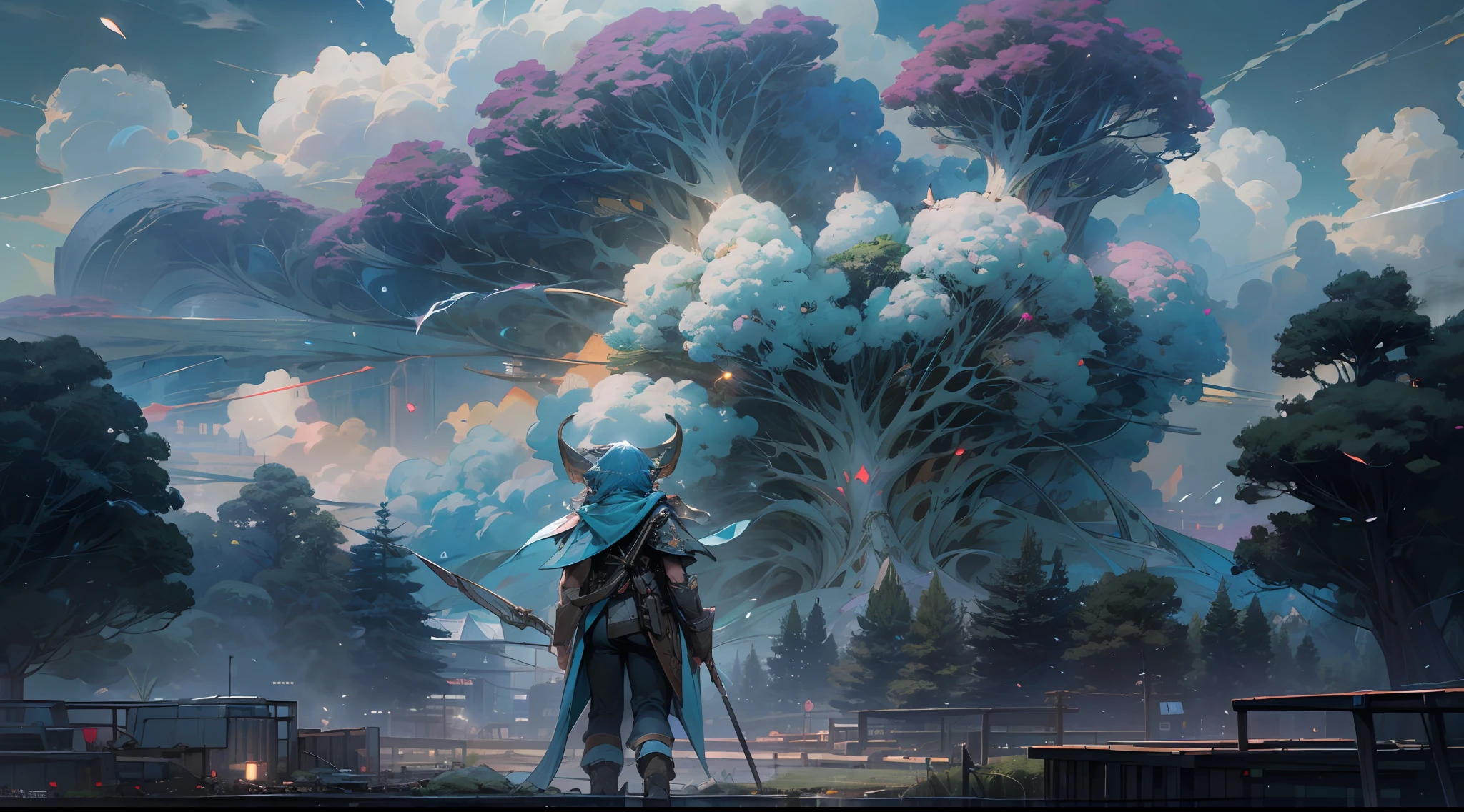 Sky, Clouds, holding_weapon, no_humans, Glow, giant_ trees , cyberpunk_Architecture, "sky, cloud, glowing, big trees , building, cybernetic _trees, tree_mech, sci-fi, cityscape, realistic, mechanical" Science Fiction, Cities, Rendered in Octane, hyper realistic, 8k, epic composition, cinematic, octane render, artstation landscape vista photography by Carr Clifton & Galen Rowell, 16K resolution, Landscape veduta photo by Dustin Lefevre & tdraw, 8k resolution, detailed landscape painting by Ivan Shishkin, DeviantArt, Flickr, rendered in Enscape, Miyazaki, Nausicaa Ghibli, Breath of The Wild,,trending in artstation, cgsociety, 8k post-processing highly detailed,Junji Murakami, Mucha Klimt, Sharandula, Hiroshi Yoshida, Tom Bagshaw, Ross Tran, Artgerm,Craig Mullins,dramatic,Junji Murakami, moody lighting rendered by octane engine,characters 8K symmetrical arstation, cape,cinematic lighting, intricate details, 8k detail post processing, hyperealistic, octane rend, Zdzisław Beksiński style, ar 2:3 Reality Reality --auto --s2