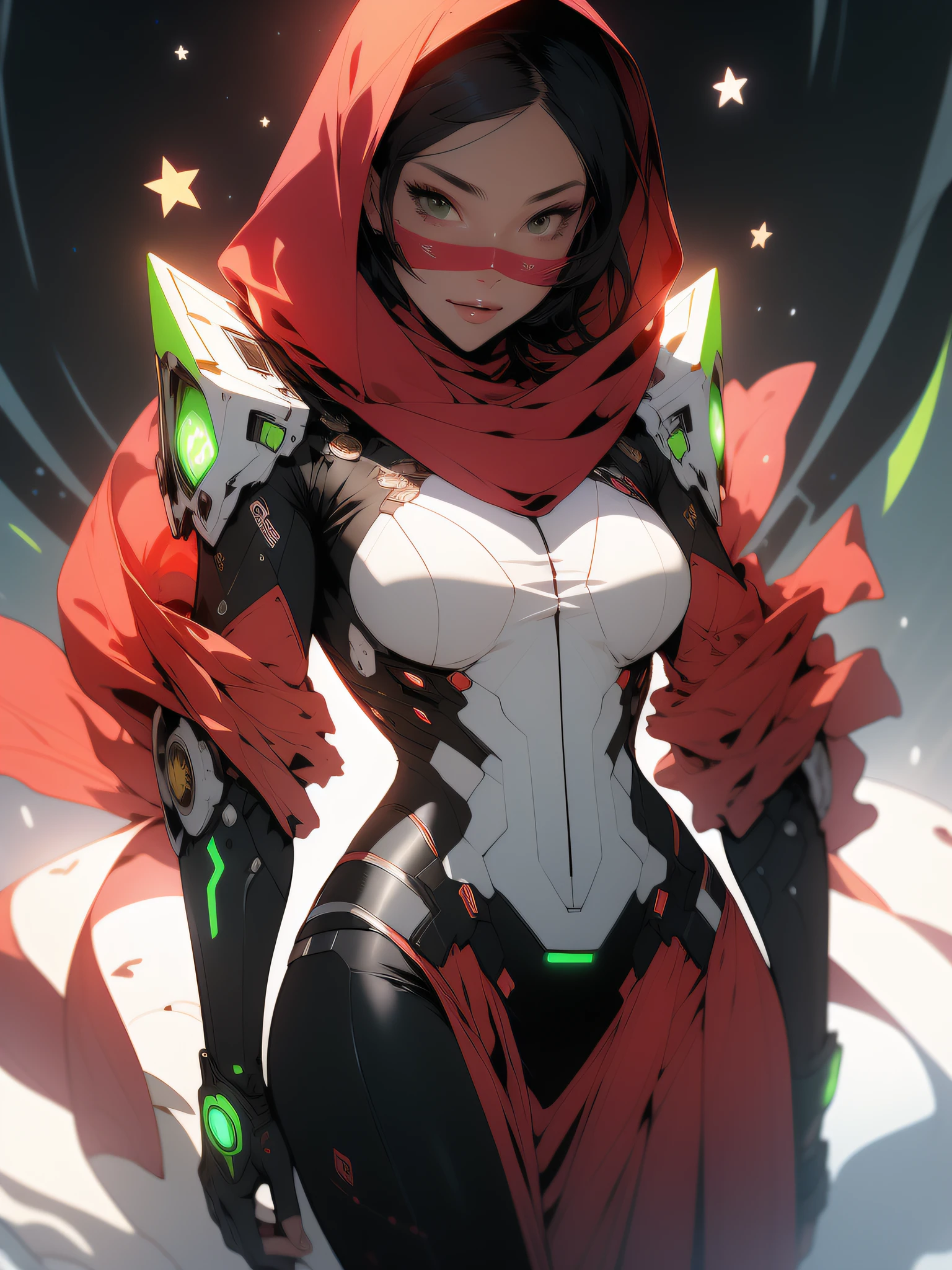 ((Best quality)), ((masterpiece)), (detailed: 1.4), (Absurd), Fighter pilot (((Muslim woman wearing long dark red dress face covered)))), ready for war, dark skin, Middle Eastern woman, sculptural body with defined muscles, closed mouth, muscular body covered by a Hoyoverse-style technological dress, Honkai Impact, Geishin Impast, technological veil covering face, Veil covering head, whole body covered by clothing, holding two scimitars, ((small breasts)), (violet eyes without pupils), ((very dark red and very dark green clothing)), (((white and black hair fulfilled)), (thin white stripes on the green covering the breasts), (image of a Persian sword on the arms), ((drawings of green stars on the arms)), very long eyelashes, heavy eye makeup, lots of jewelry, by mucha, niji --V5, close to real, psychopathic, crazy face, sexy pose, background with a giant Gundam style robot head, 2 piece clothing, diamond shoulder pads, pastel, centered, scale to fit dimensions, HDR (High Dynamic Range),Ray Tracing,NVIDIA RTX,Super-Resolution,Unreal 5,Subsurface dispersion, PBR texture, Post-processing, Anisotropic filtering, Depth of field, Maximum clarity and sharpness, Multilayer textures, Albedo and specular maps, Surface shading, Accurate simulation of light-material interaction, Perfect proportions, Octane Render, Two-tone lighting, Wide aperture, Low ISO, White balance, Rule of thirds, 8K RAW, crysisnanosuit