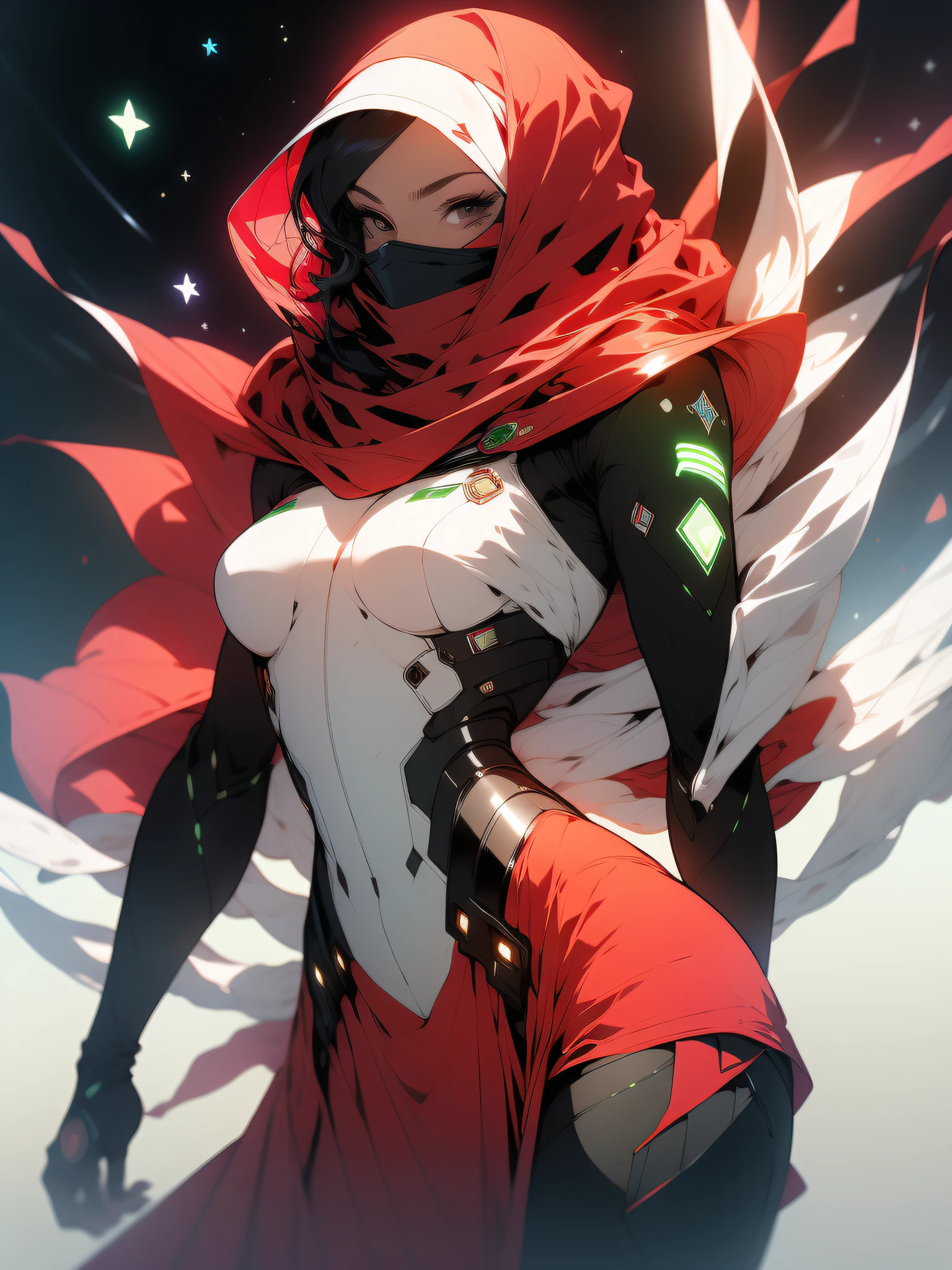 ((Best quality)), ((masterpiece)), (detailed: 1.4), (Absurd), Fighter pilot (((Muslim woman wearing long dark red dress covered face)))), ready for war, dark skin, Middle Eastern woman, sculptural body with defined muscles, closed mouth, muscular body covered by a Hoyoverse style technological dress, Honkai Impact, Geishin Impast, veil covering the face, Veil covering the head, whole body covered by clothing, holding two scimitars, ((small breasts)), (violet eyes without pupils), ((very dark red and very dark green clothing)), (((white and black hair fulfilled)), (thin white stripes on the green covering the breasts), (image of a Persian sword on the arms), ((drawings of green stars on the arms)), very long eyelashes, heavy eye makeup, lots of jewelry, by mucha, niji --V5, close to real, psychopathic, crazy face, sexy pose, background with a giant Gundam style robot head, 2 piece clothing, diamond shoulder pads, pastel, centered, scale to fit dimensions, HDR (High Dynamic Range),Ray Tracing,NVIDIA RTX,Super-Resolution,Unreal 5,Subsurface dispersion, PBR texture, Post-processing, Anisotropic filtering, Depth of field, Maximum clarity and sharpness, Multilayer textures, Albedo and specular maps, Surface shading, Accurate simulation of light-material interaction, Perfect proportions, Octane Render, Two-tone lighting, Wide aperture, Low ISO, White balance, Rule of thirds, 8K RAW, crysisnanosuit