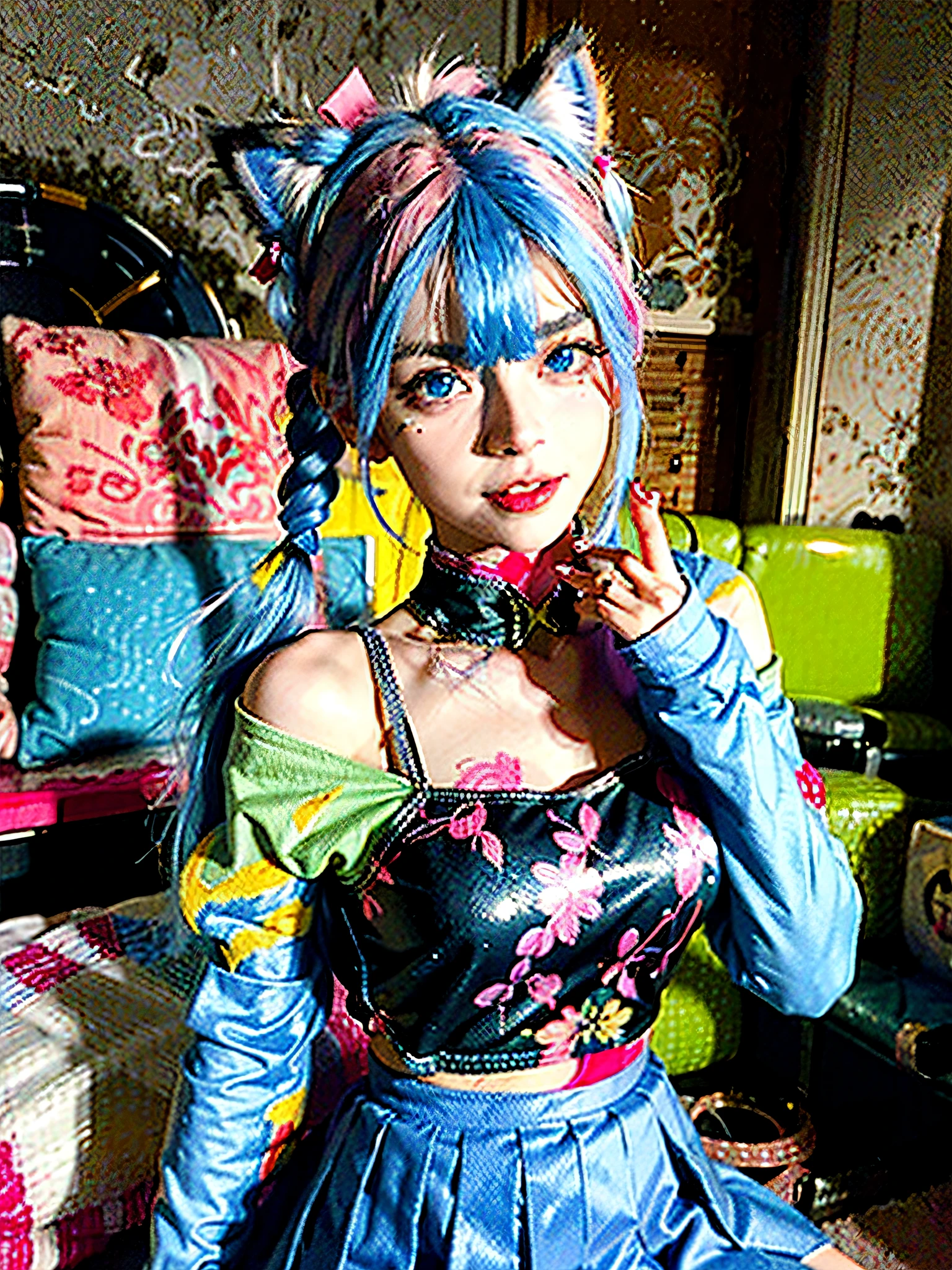 1girl, double ponytail, multicolored hair, hair accessories, hair above one eye, cat ears, blue eyes, blue hair, pink hair, smile, bow, solo, interior, makeup, pleated skirt, long hair, bangs, pink nails, open mouth, the most beautiful chaotic form, elegant, brutalist design, bright colors, romanticism, atmosphere, (RAW photo, best quality), (realism, photo realism: 1.3), masterpiece, extremely delicate beauty, extremely detailed, sitting