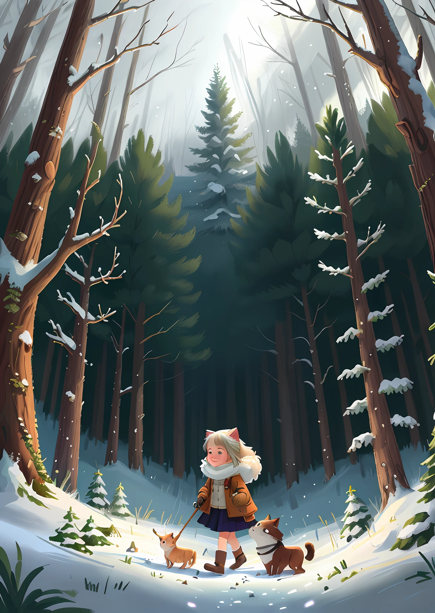 painting of a woman walking in the woods with a cat and a bird, a snowy day in the forest, in a snowy forest setting, by Grytė Pintukaitė, in an arctic forest, goddess of winter, by Zofia Stryjenska, in magical woods, in the magical forest, among foxes and deer, fairytale illustration