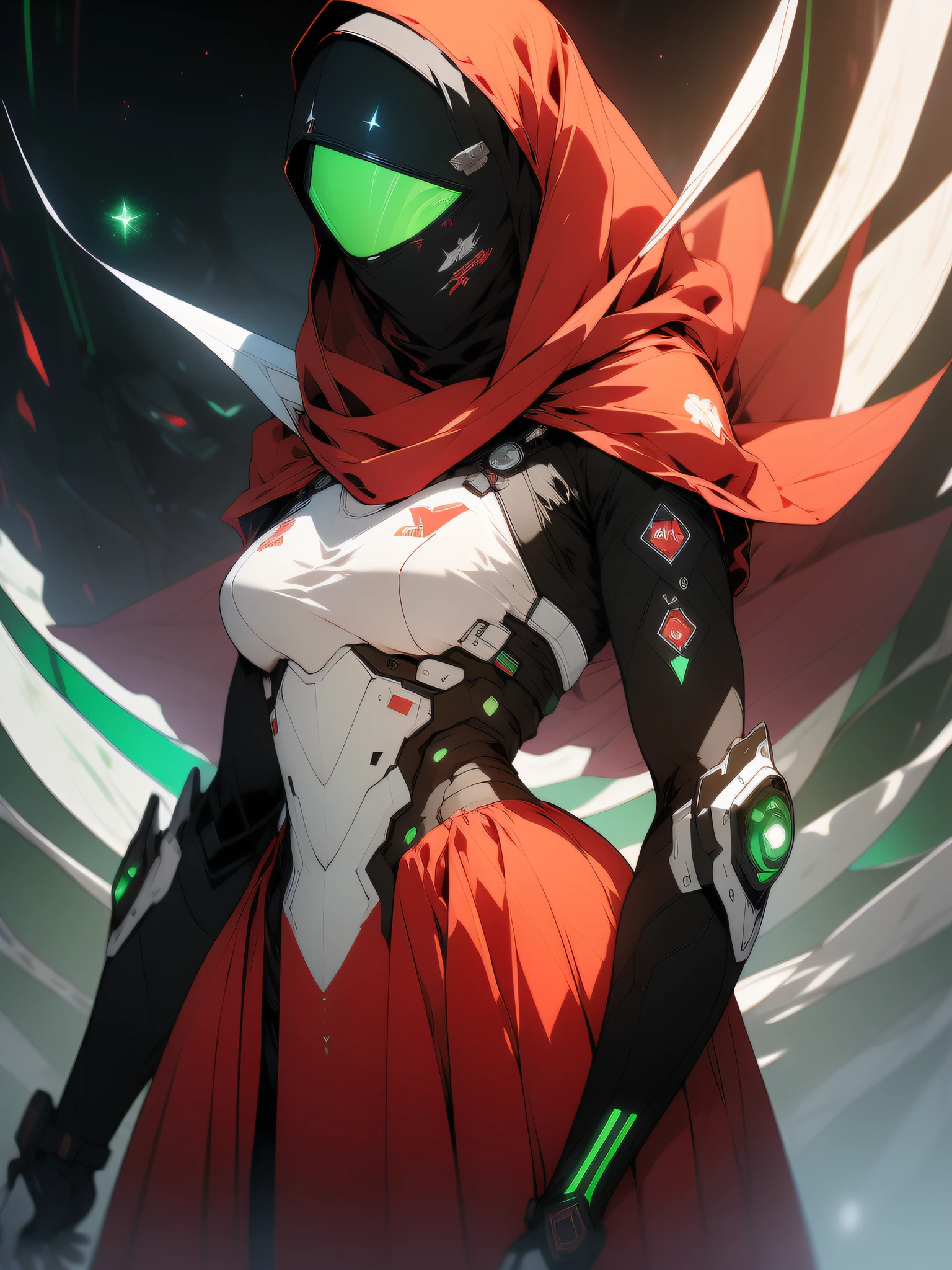((Best quality)), ((masterpiece)), (detailed: 1.4), (Absurd), Fighter pilot (((Muslim woman wearing long dark red dress covered face)))), ready for war, dark skin, Middle Eastern woman, sculptural body with defined muscles, closed mouth, muscular body covered by a Hoyoverse style technological dress, Honkai Impact, Geishin Impast, veil covering the face, Veil covering the head,  whole body covered by clothing, ((small breasts)), (violet eyes without pupils), ((very dark red and very dark green clothing)), (((white and black hair fulfilled)), (thin white stripes on the green covering the breasts), (image of a Persian sword on the arms), (((drawings of green stars on the arms)), very long eyelashes, heavy eye makeup, lots of jewelry, by mucha,  niji --V5, close to real, psychopathic, crazy face, sexy pose, background with a giant Gundam style robot head, 2 piece clothing, diamond shoulder pads, pastel, centered, scale to fit dimensions, HDR (High Dynamic Range),Ray Tracing,NVIDIA RTX,Super-Resolution,Unreal 5,Subsurface dispersion, PBR texture, Post-processing, Anisotropic filtering, Depth of field, Maximum clarity and sharpness,  Multilayer textures, Albedo and specular maps, Surface shading, Accurate simulation of light-material interaction, Perfect proportions, Octane Render, Two-tone lighting, Wide aperture, Low ISO, White balance, Rule of thirds, 8K RAW, crysisnanosuit