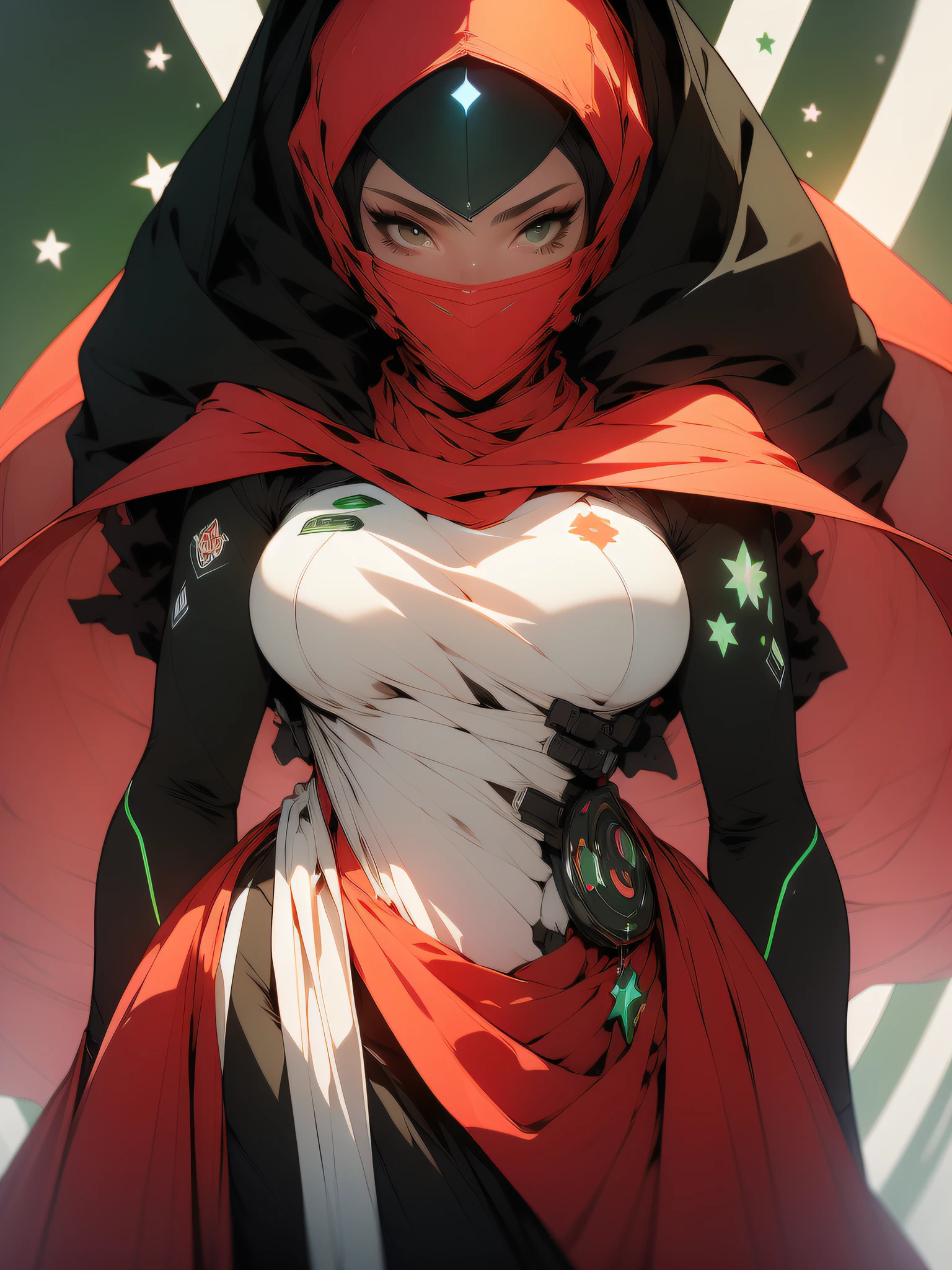 ((Best quality)), ((masterpiece)), (detailed: 1.4), (Absurd), Fighter pilot (((Muslim woman wearing long dark red dress covered face)))), ready for war, dark skin, Middle Eastern woman, sculptural body with defined muscles, closed mouth, muscular body covered by a Hoyoverse style technological dress, Honkai Impact, Geishin Impast, veil covering the face, Veil covering the head, whole body covered by clothing, ((small breasts)), (violet eyes without pupils), ((very dark red and very dark green clothing)), (((white and black hair fulfilled)), (thin white stripes on the green covering the breasts), (image of a Persian sword on the arms), (((drawings of green stars on the arms)), very long eyelashes, heavy eye makeup, lots of jewelry, by mucha, niji --V5, close to real, psychopathic, crazy face, sexy pose, background with a giant Gundam style robot head, 2 piece clothing, diamond shoulder pads, pastel, centered, scale to fit dimensions, HDR (High Dynamic Range),Ray Tracing,NVIDIA RTX,Super-Resolution,Unreal 5,Subsurface dispersion, PBR texture, Post-processing, Anisotropic filtering, Depth of field, Maximum clarity and sharpness, Multilayer textures, Albedo and specular maps, Surface shading, Accurate simulation of light-material interaction, Perfect proportions, Octane Render, Two-tone lighting, Wide aperture, Low ISO, White balance, Rule of thirds, 8K RAW, crysisnanosuit