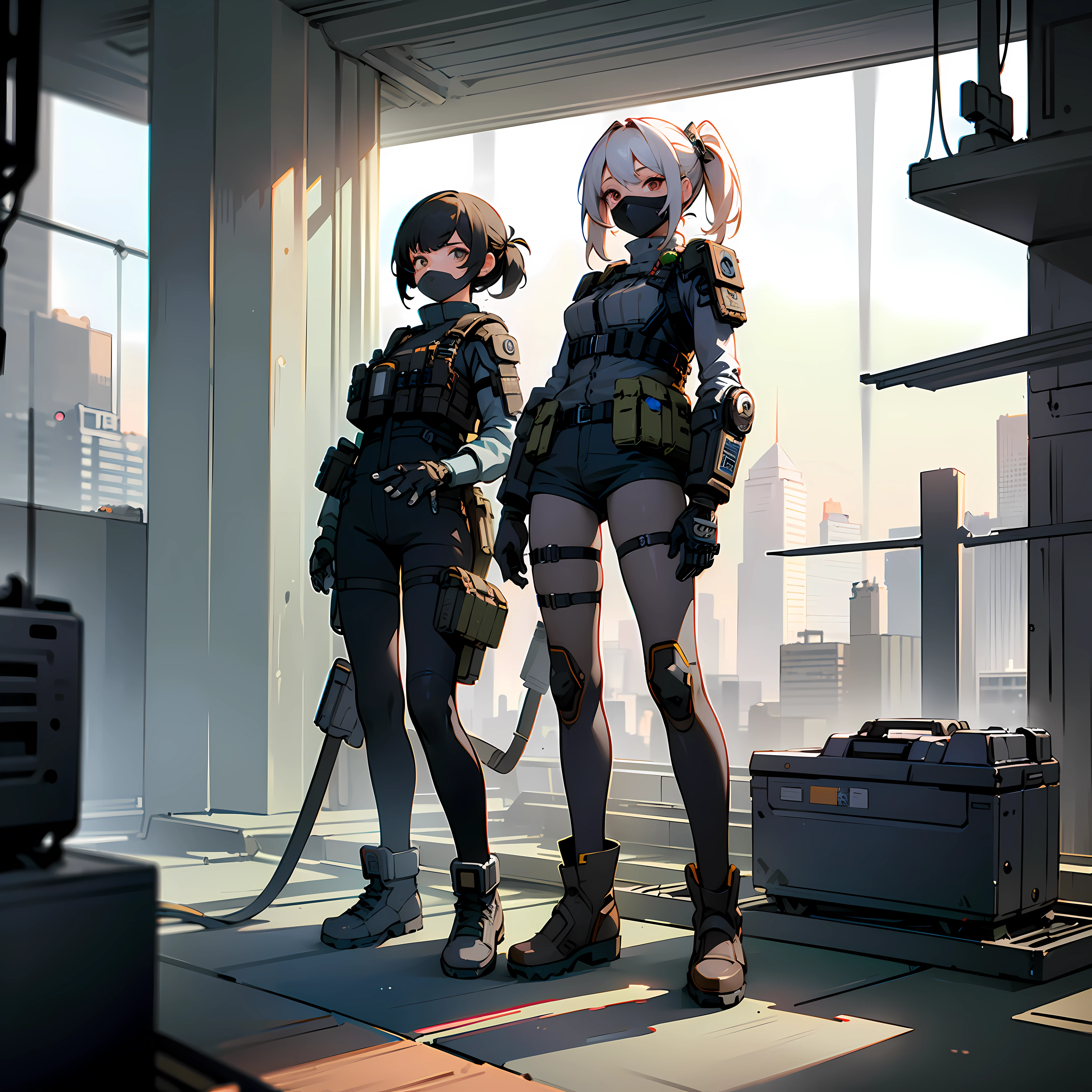 ((high quality)), ((masterpiece)), 8k, 2girls, standing , bulletproof vest, light rays, extremely detailed CG unity 8k wallpaper, game cg, looking at viewer, gloves, boots, full body, watch, computer, mask, drone, mechanical arms, holding sniper , background apocalypse building ,
