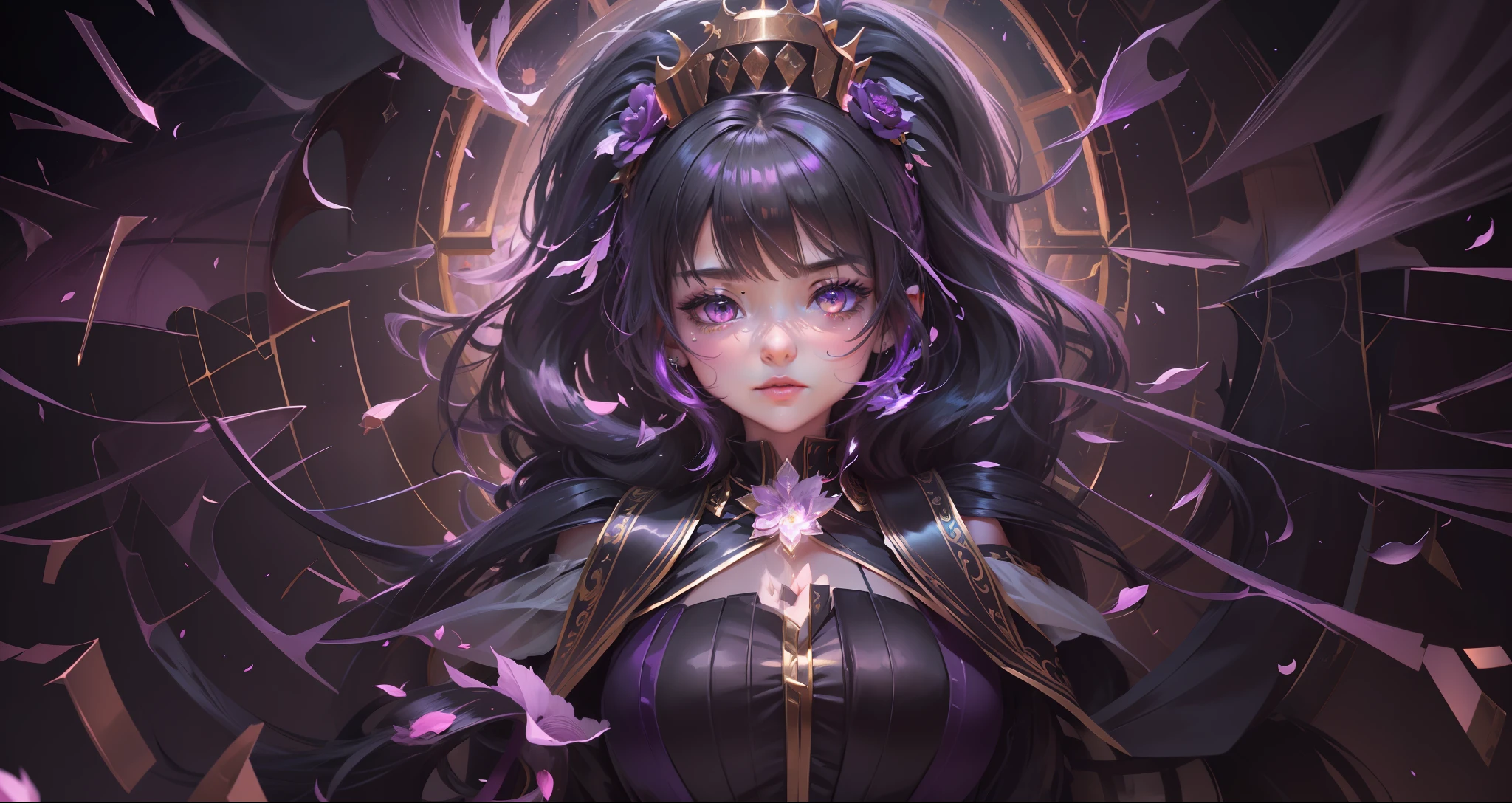 chibi,(extremely detailed CG unity 8k wallpaper),(masterpiece),(best quality),(ultra-detailed),(best illustration),(best shadow),(an extremely delicate and beautiful),dynamic angle,floating,finely detail,(bloom),(shine),glinting stars,classic,(painting),(sketch),a girl,(((dragon girl))),dragon horn,vertical pupil,solo,bare shoulders,medium_chest,diamond and glaring eyes,beautiful detailed joyful face,very long  black and purple hair,floating black feathers,wavy hair,long and high ponytail,extremely delicate and beautiful girls,beautiful detailed eyes,pink eyes,glowing eyes,sparkles,((petals)),dragon background,(((water)))smoke,glass fragments,white background, --auto --s2