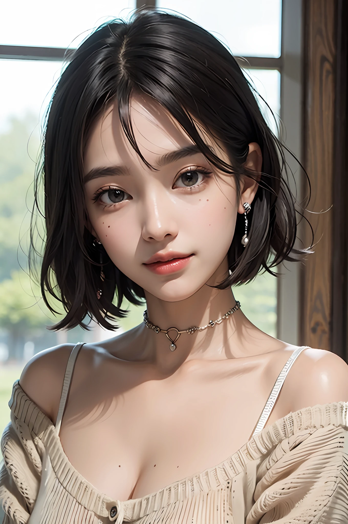 Top Quality, Masterpiece, Ultra High Resolution, Photorealistic, 1 Girl, Off Shoulder, Knit, Smile, Smile, Slightly Visible, oversized_sweater, Soft Lighting, Detailed Skin, Bangs, Black Hair, Clear Eyes, Short Bob Hair, Transparency, Japan, Korean, Beautiful Woman, Upper Eyes, Lip Gloss, Black Thick Choker, Teardrops, Mole on the Chest, Highlights in the eyes