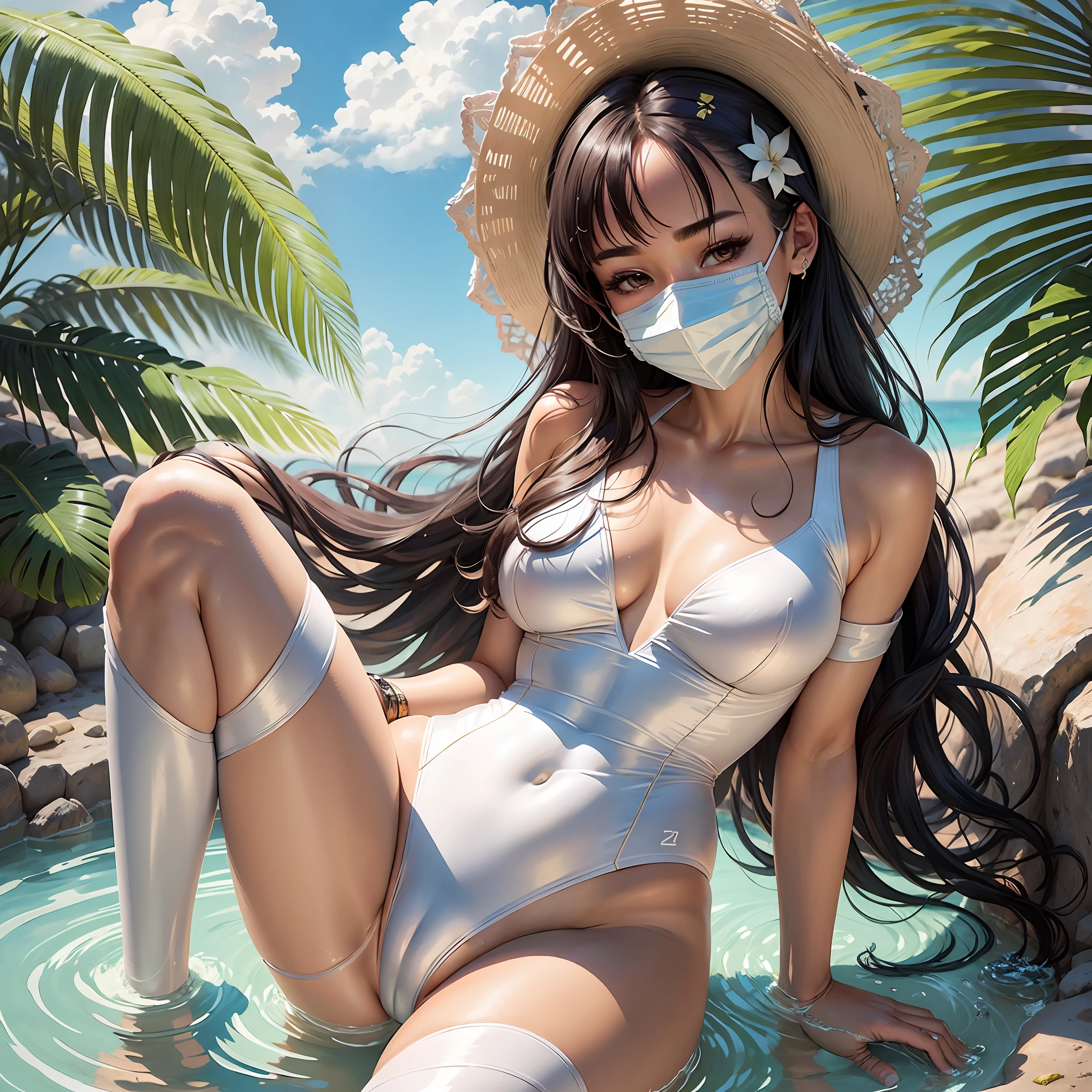 Pretty mask in a white high-leg swimsuit --auto --s2