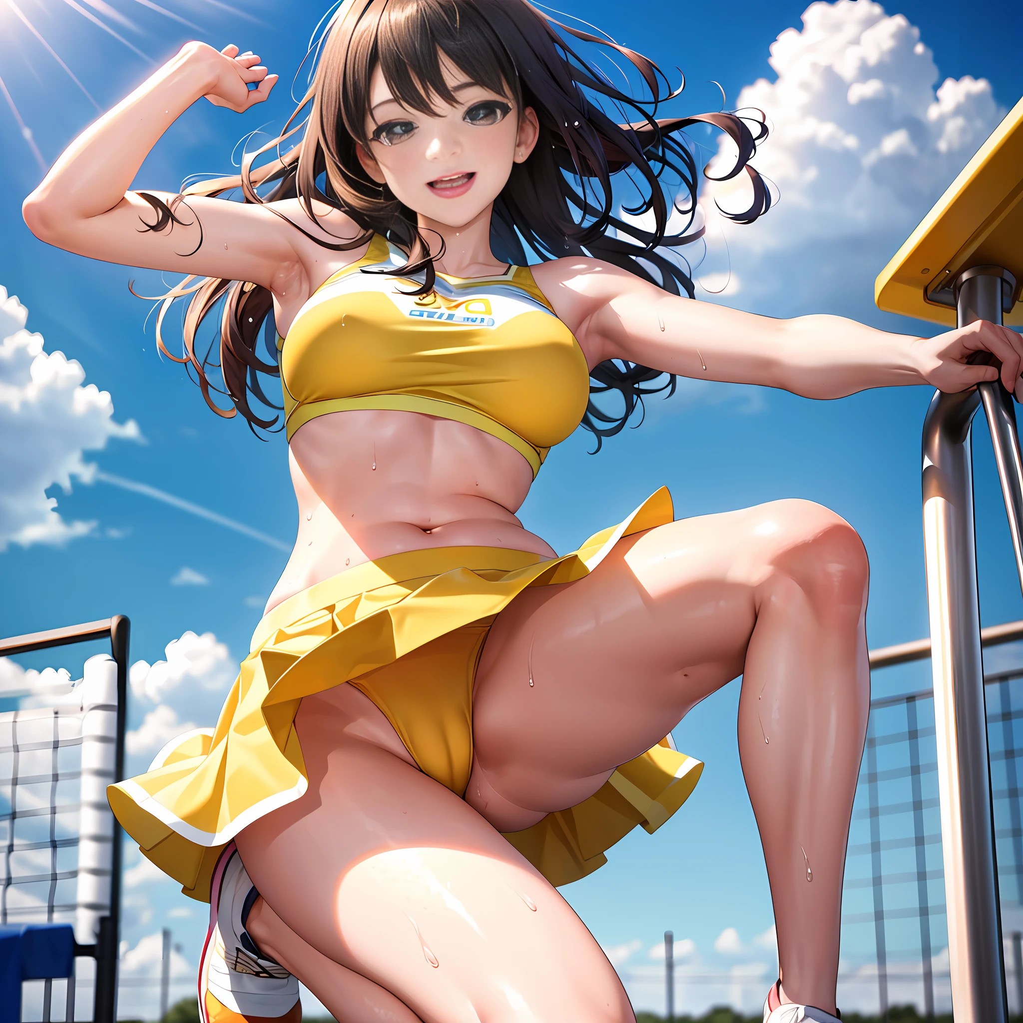 High Definition CG8K Wallpaper), (Very Delicate and Beautiful), (Best Quality:1.0), (Ultra High Definition:1.0), (Very Delicate Hair), Realistic Shadows, [High Definition], Detailed Skin, (Very Delicate Eyes), Cheerleader, (Full Body), Large Breasts, Sweat-Wet Clothes, Yellow Clothes, Mini Skirt, Navel Cheer, Playground, (Jump), (JUMP), Legs Bent Jump, Air, Smile, Blue Sky, Meadow