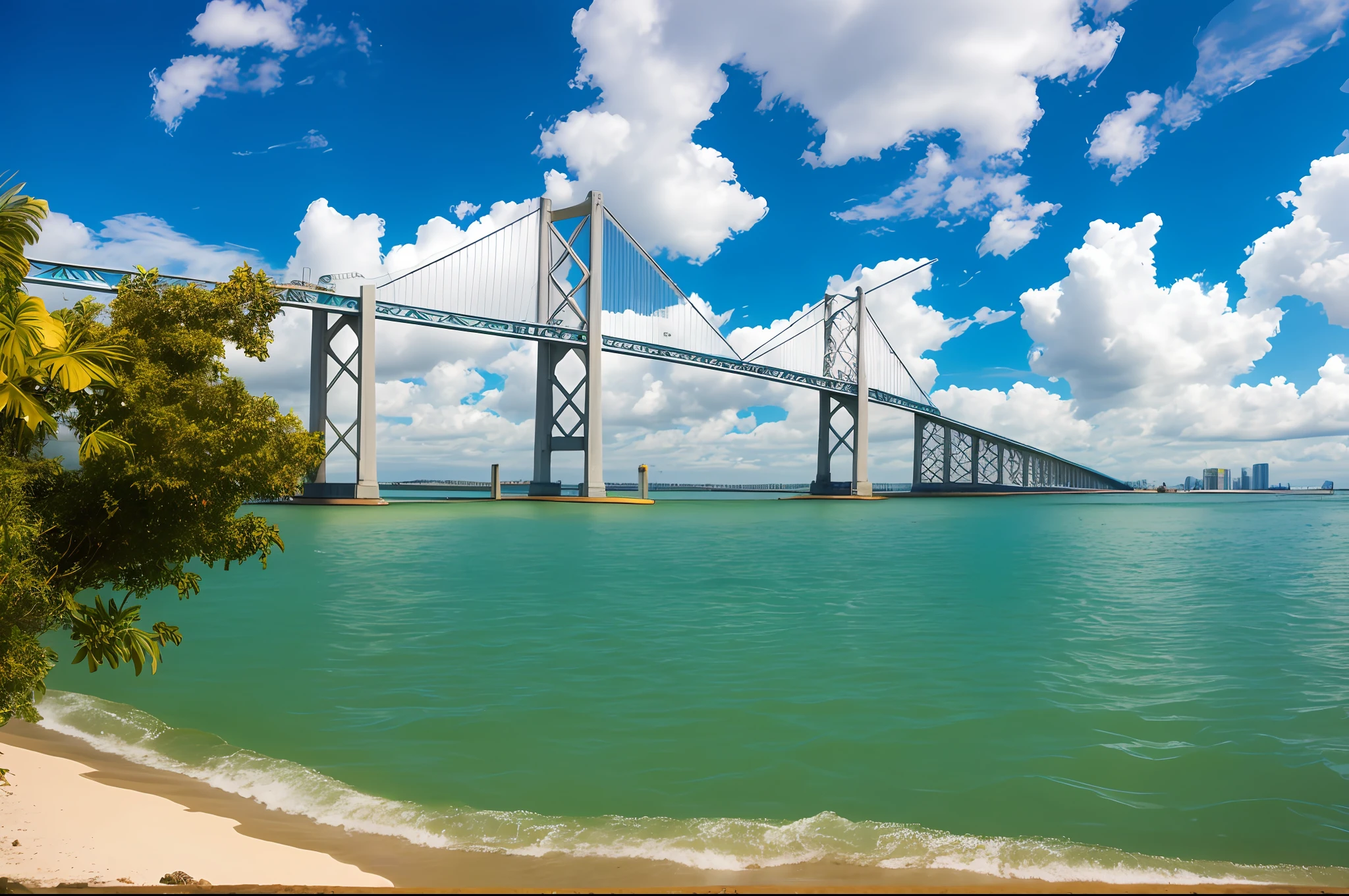 Bridge over water with a boat on the water, elegant bridges between towers, aqueduct of the city bay bridge, bridge, bridge over water, towers and elevated bridges, stunning view, olivia de bernardinis, Costa do Sol, Newton Navarro bridge, Rio Grande do Norte