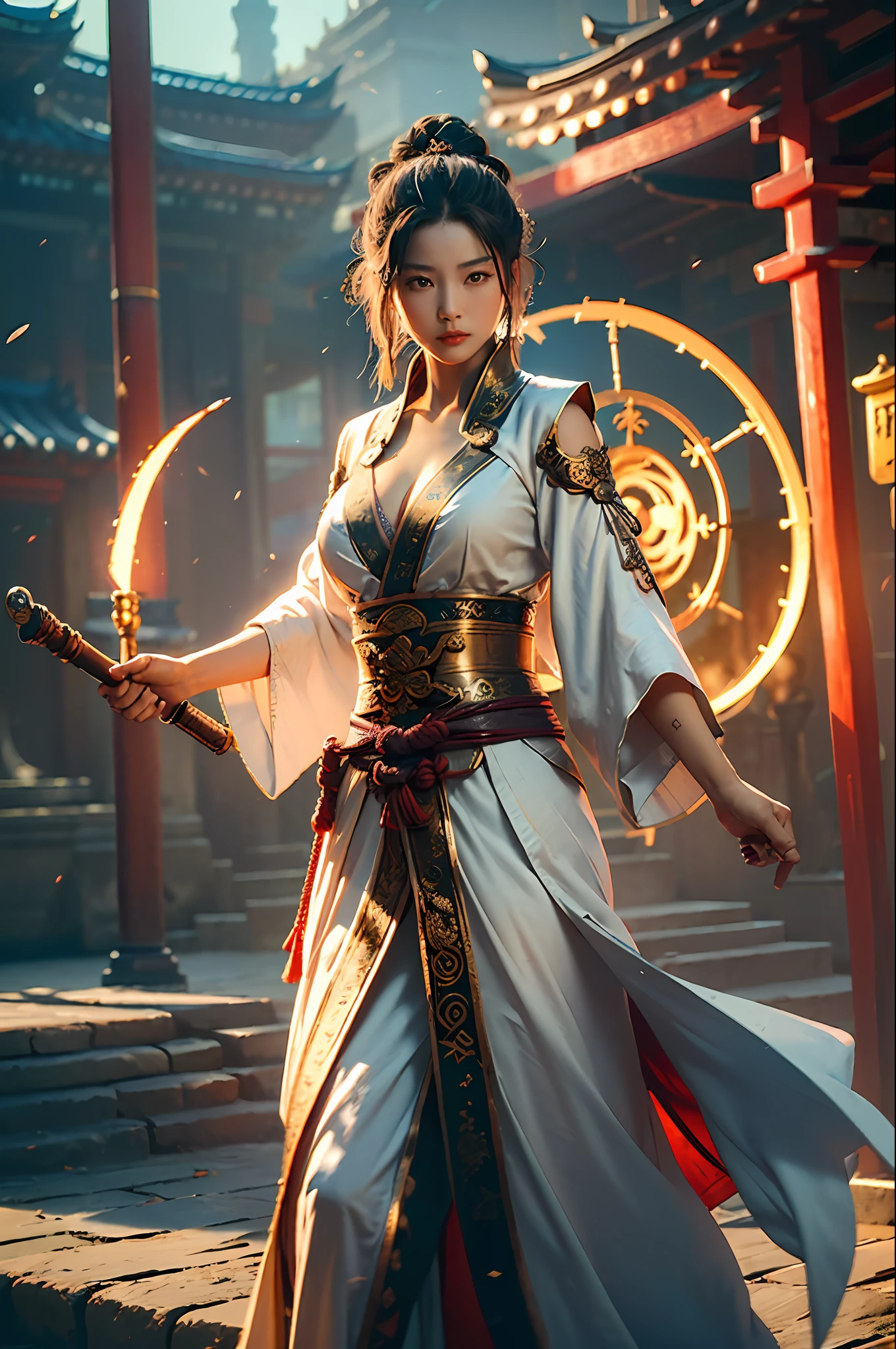 Best quality,masterpiece,ultra high res,(photorealistic:1.4),xiuxian,weapon,Detailed face,
1girl,solo,weapon,cleavage,(magic circle:1.2),xiuxian,upper body,Beautiful girl,full body,east asian architecture,sheath,architecture,