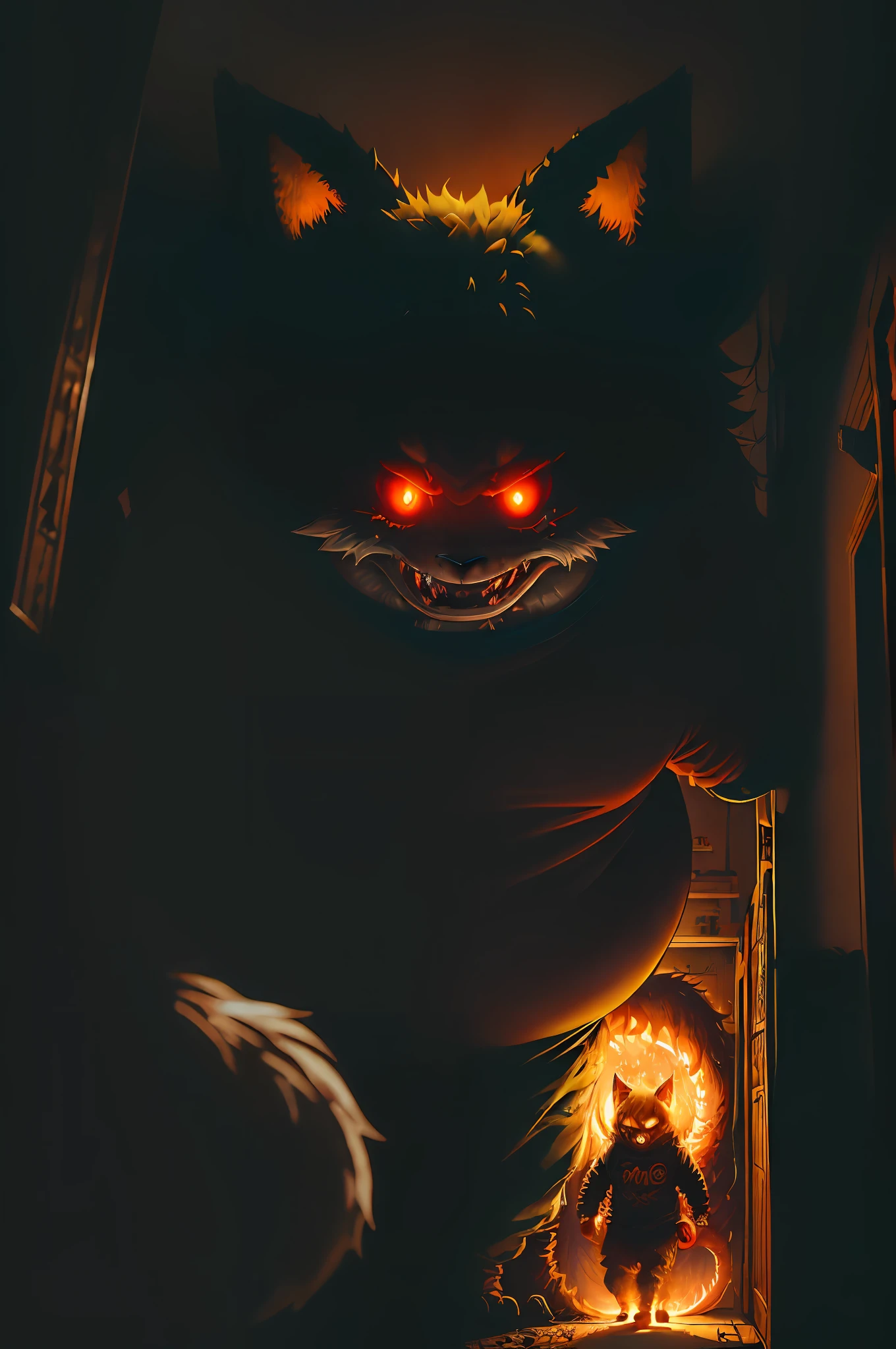 ((monster: terrifying, large, fat, with fox tails, claws, glowing red eyes, savage tooth saliva)), ((camera panning towards him)), ((camera: in closet, clothes, looking through blindss holes at monster as he looking for it) the night, much terrifying, terror, panic
