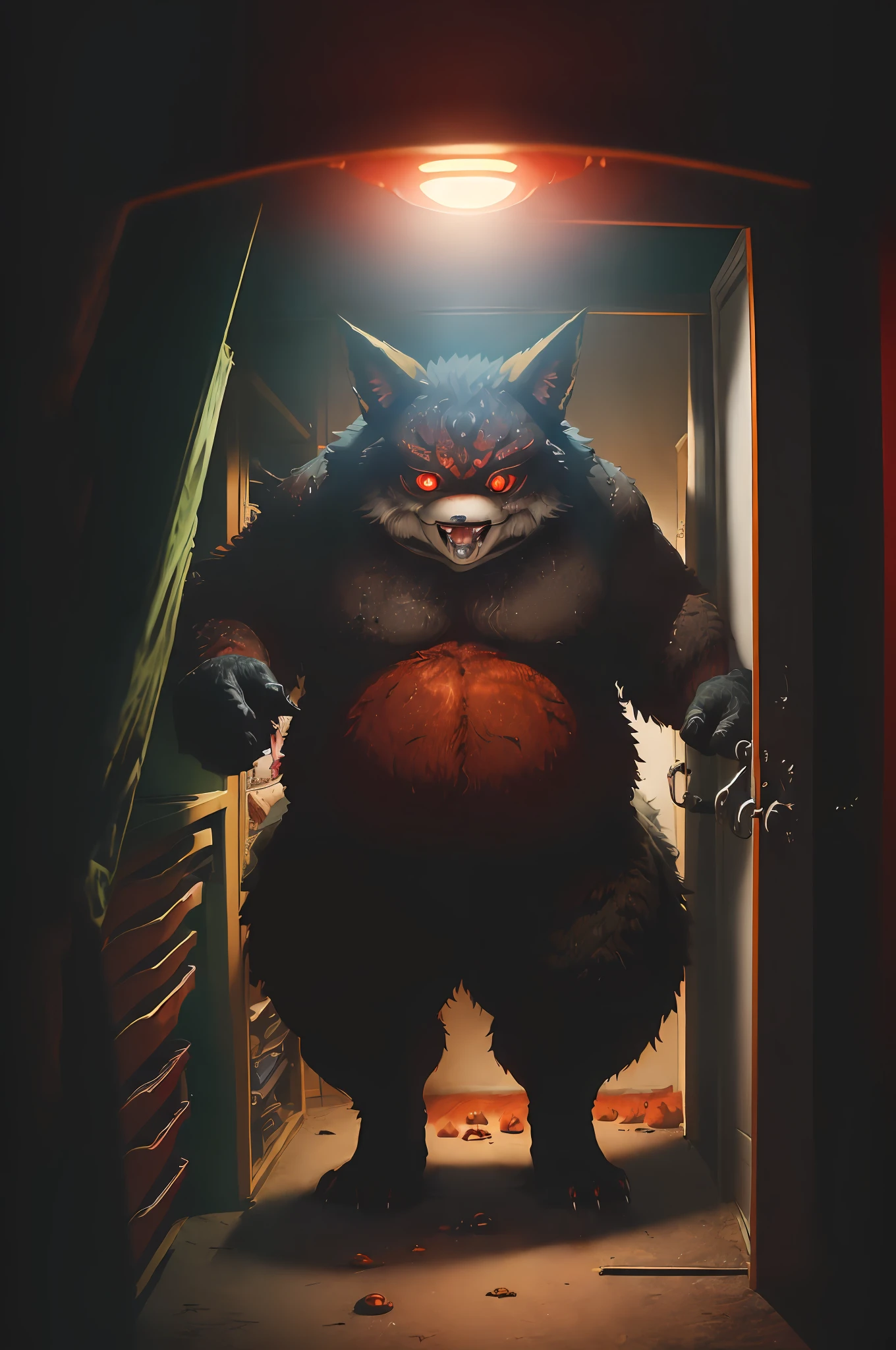 ((monster: terrifying, large, fat, with fox tails, claws, glowing red eyes, savage tooth saliva)), ((camera panning towards him)), ((camera: in closet, clothes, looking through blindss holes at monster as he  looking for it) the night, much terrifying, terror, panic