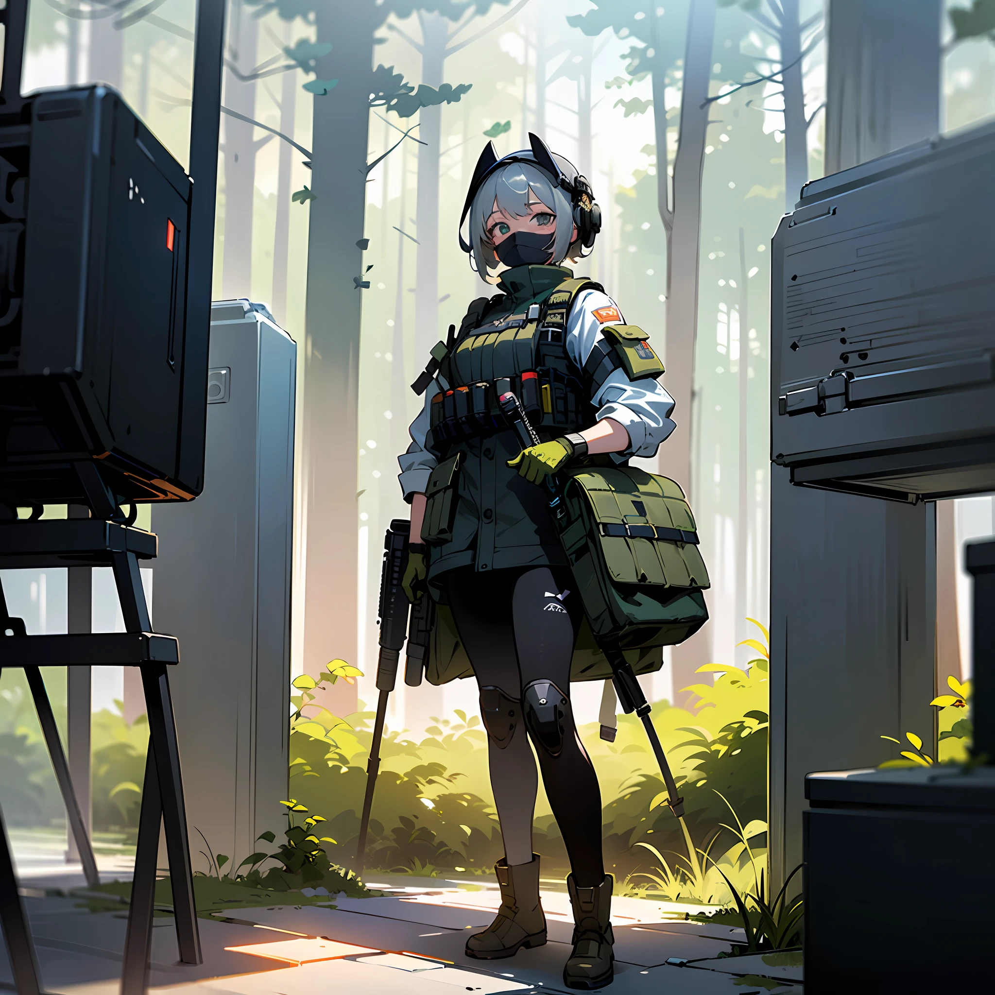 ((high quality)), ((masterpiece)), 8k, 1girls, bulletproof vest, light rays, extremely detailed CG unity 8k wallpaper, game cg, looking at viewer, mask on head, gloves, boots, full body, watch, computer, standing , holding sniper , background building in forest