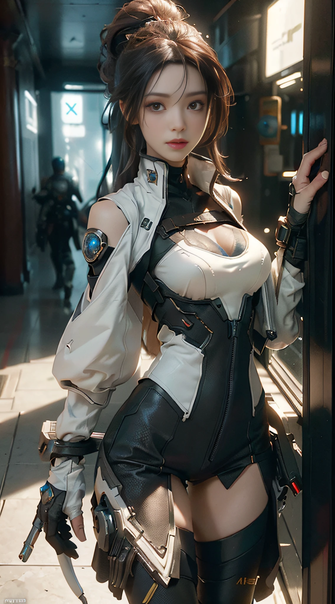 ((Best quality)), ((masterpiece)), (detailed:1.4), 3D, an image of a beautiful cyberpunk female,HDR (High Dynamic Range),Ray Tracing,NVIDIA RTX,Super-Resolution,Unreal 5,Subsurface scattering,PBR Texturing,Post-processing,Anisotropic Filtering,Depth-of-field,Maximum clarity and sharpness,Multi-layered textures,Albedo and Specular maps,Surface shading,Accurate simulation of light-material interaction,Perfect proportions,Octane Render,Two-tone lighting,Wide aperture,Low ISO,White balance,Rule of thirds,8K RAW,