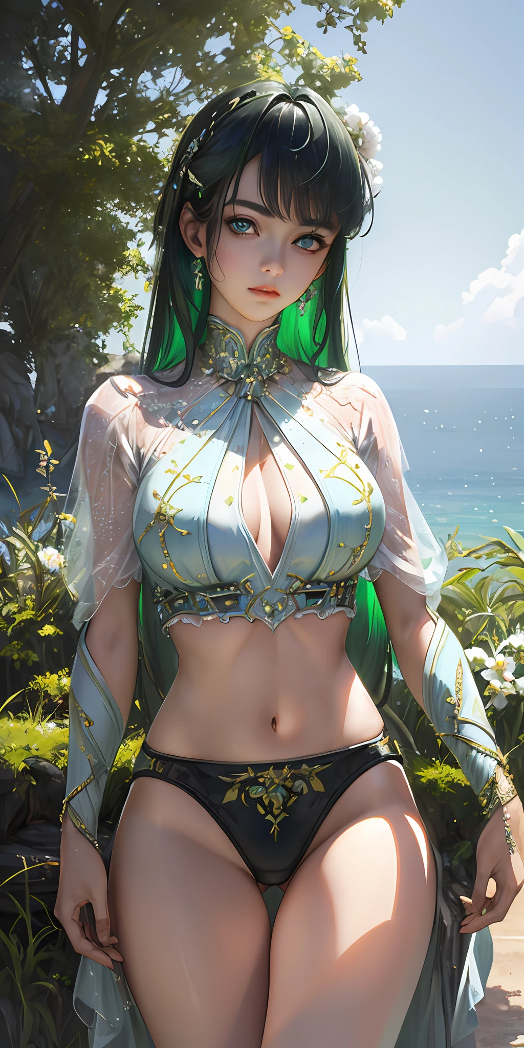 (photorealistic:1.4), (masterpiece, sidelighting, finely detailed beautiful eyes: 1.2), masterpiece*portrait, realistic, 3d face, glowing eyes, shiny green hair, lustrous skin, solo, embarassed, (midriff), black underwear, leotard,