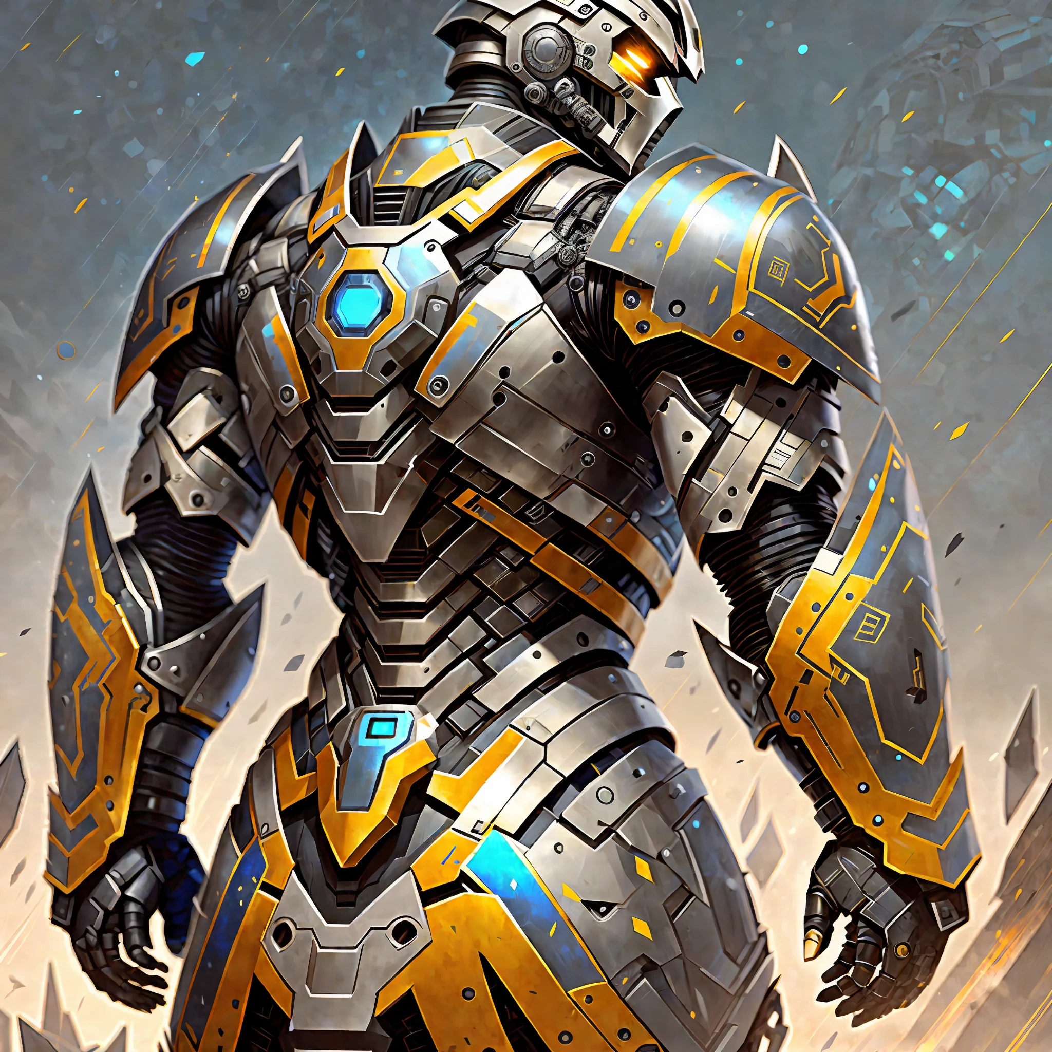 Robot back, muscular shape armor, rich sense of rhythm, rich sense of layering, rich sense of mechanics, heavy armor, imitation muscle armor, sci-fi future, black robot, black silver main color, blue embellishment, remove yellow