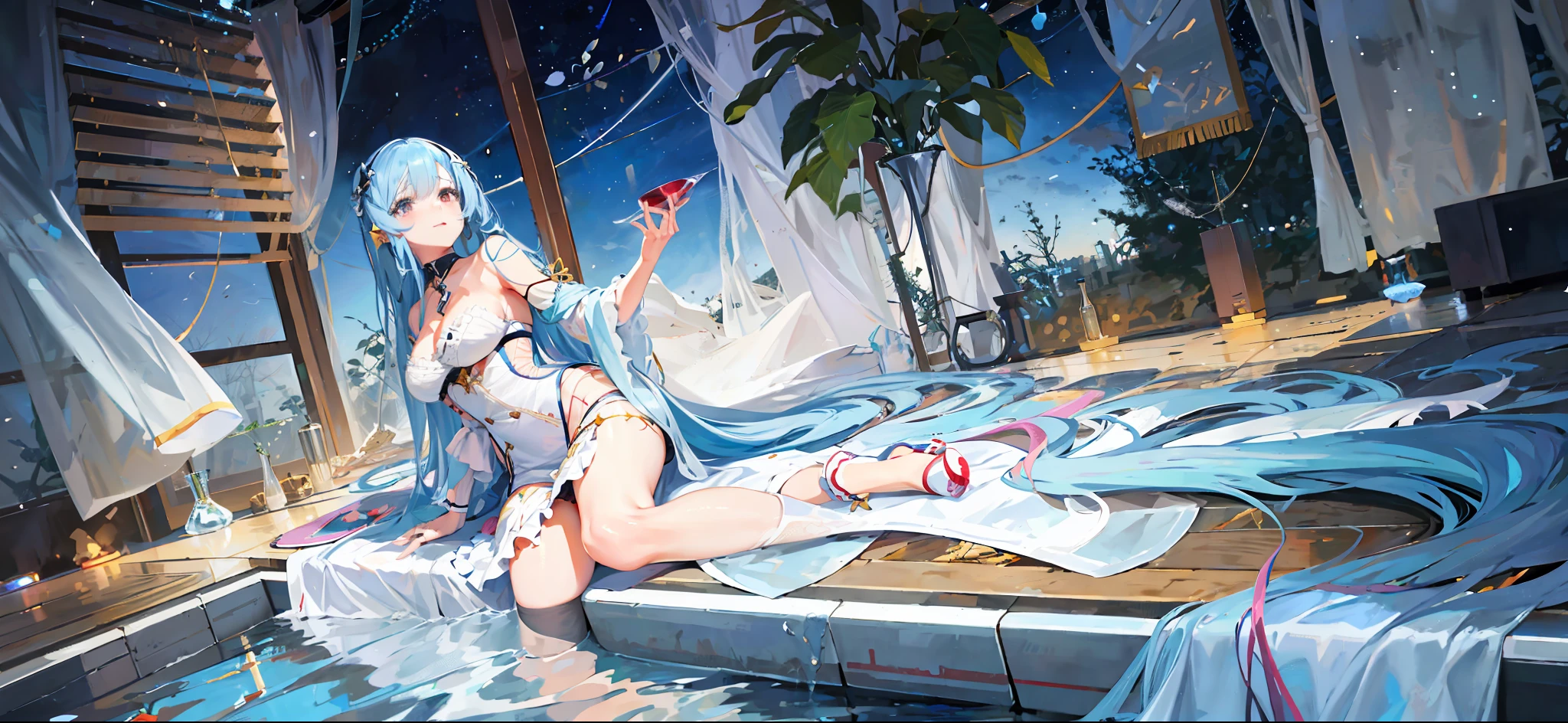anime girl sitting on a bed with a glass of wine, wallpaper anime blue water, from the azur lane videogame, pixiv 3dcg, anime art wallpaper 8 k, trending on artstation pixiv, cushart krenz key art feminine, hd artwork, azur lane style, at pixiv, top rated on pixiv, seductive anime girl