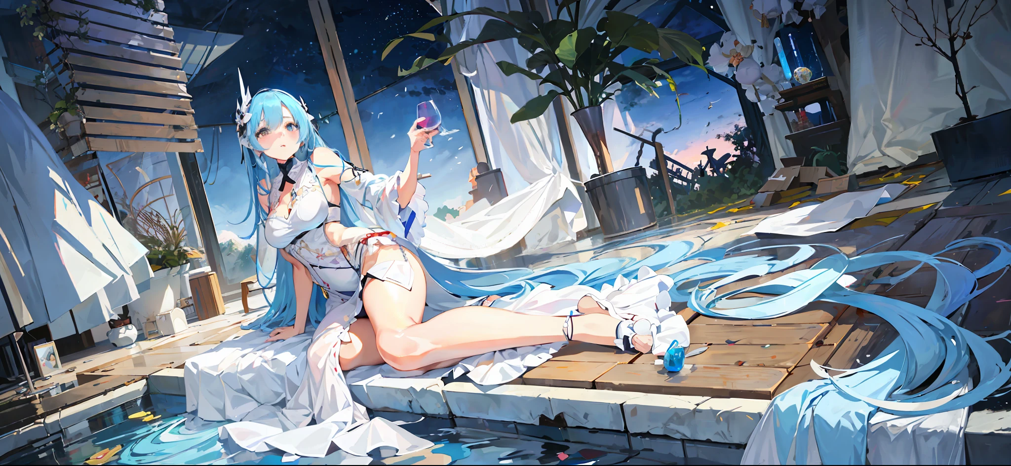 anime girl sitting on a bed with a glass of wine, wallpaper anime blue water, from the azur lane videogame, pixiv 3dcg, anime art wallpaper 8 k, trending on artstation pixiv, cushart krenz key art feminine, hd artwork, azur lane style, at pixiv, top rated on pixiv, seductive anime girl