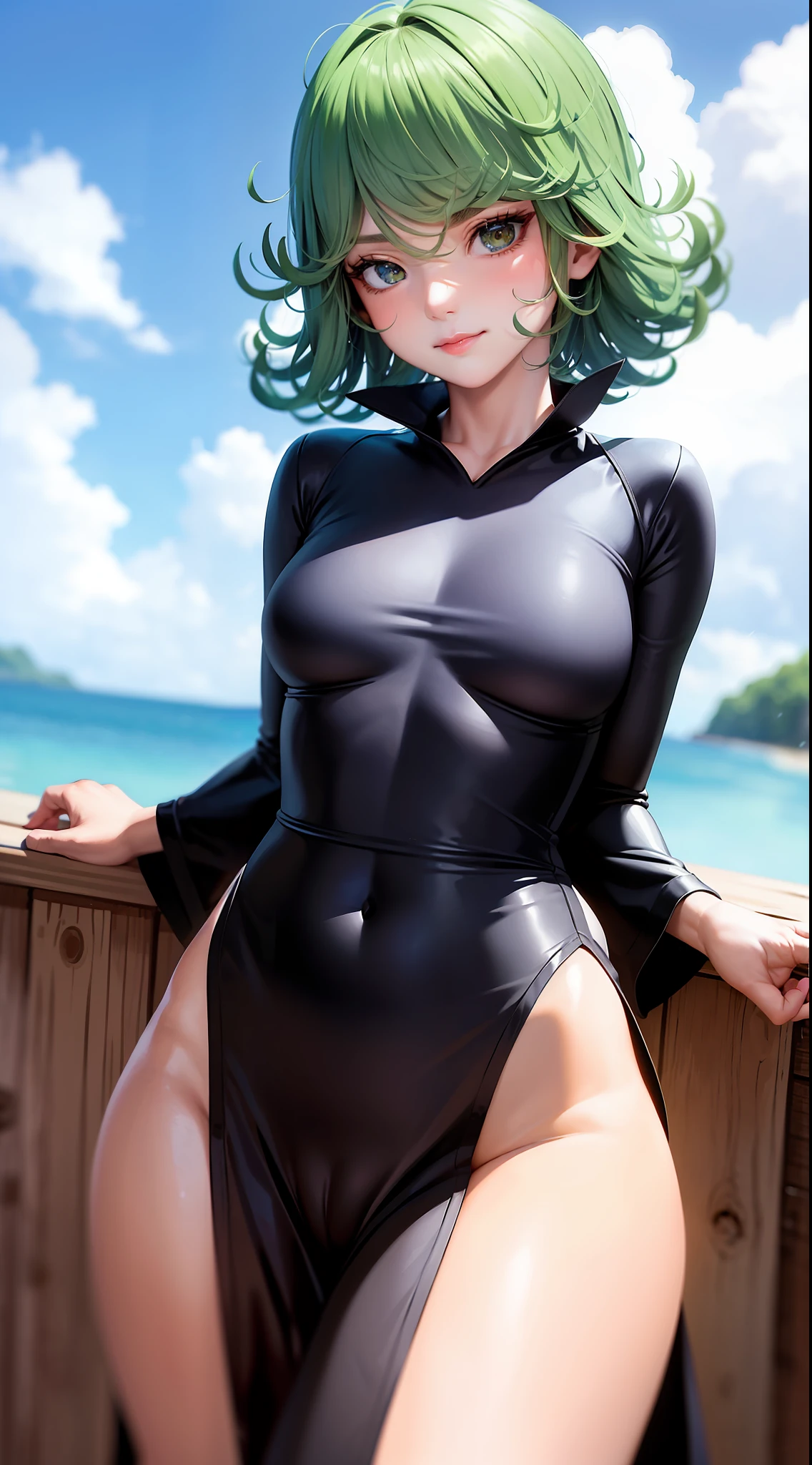 (masterpiece, best quality:1.2), cowboy shot, solo, 1girl, tatsumaki, lustful, closed mouth, looking at the viewer, ass, wide hips, black dress, blue sky, clouds, erotica, lots of erotica