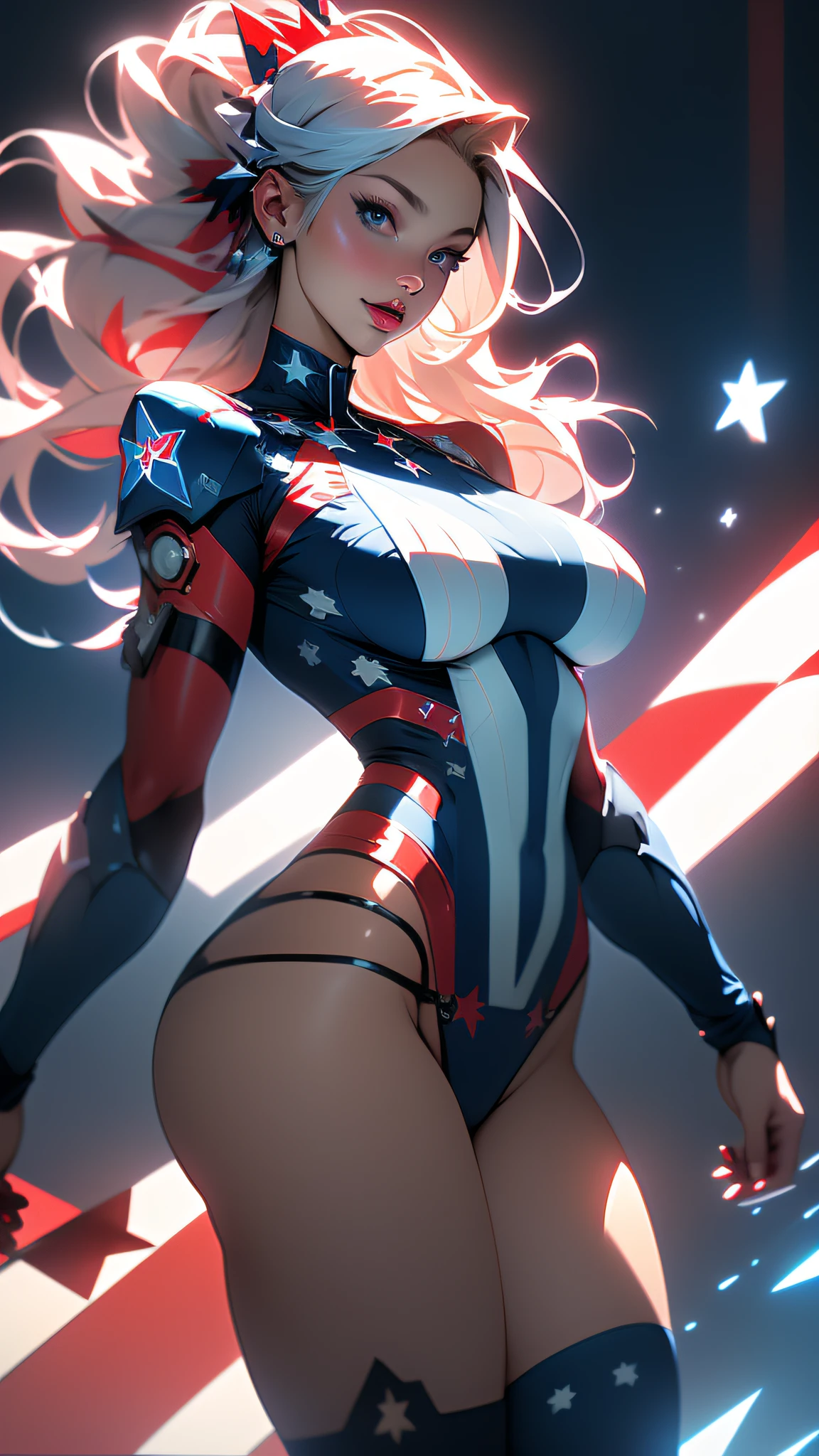 ((Best quality)), ((masterpiece)), (detailed: 1.4), Absurd, Captain America, Caucasian woman soldier ready for war, muscular body defined, half-thick bare thighs, closed mouth, only panties, muscular body parts covered by technological clothing, (((large breasts)) perfect, generous neckline, ((dark blue,red and white clothing)), USA, pastel, long black straight hair, short underwear, garter belt, by mucha, niji --V5, close to real, best quality, almost naked, psychopath, crazy face, sexy pose, 2 pieces outfit, star and lightning drawings on the arms, cyberpunk, dark blue bra with 5-pointed stars covering the breasts, red and white stripes on the arms, pointed shoulder pads, blue eyes without pupils, HDR (High Dynamic Range),Ray Tracing, NVIDIA RTX,Super-Resolution,Unreal 5,Subsurface Dispersion, PBR Texture, Post-processing, Anisotropic filtering, Depth of field, Maximum clarity and sharpness, Multilayer textures, Albedo and specular maps, Surface shading, Accurate simulation of light-material interaction, Perfect proportions, Octane Render, Two-tone lighting, Wide aperture, Low ISO, White balance, Rule of thirds, 8K
