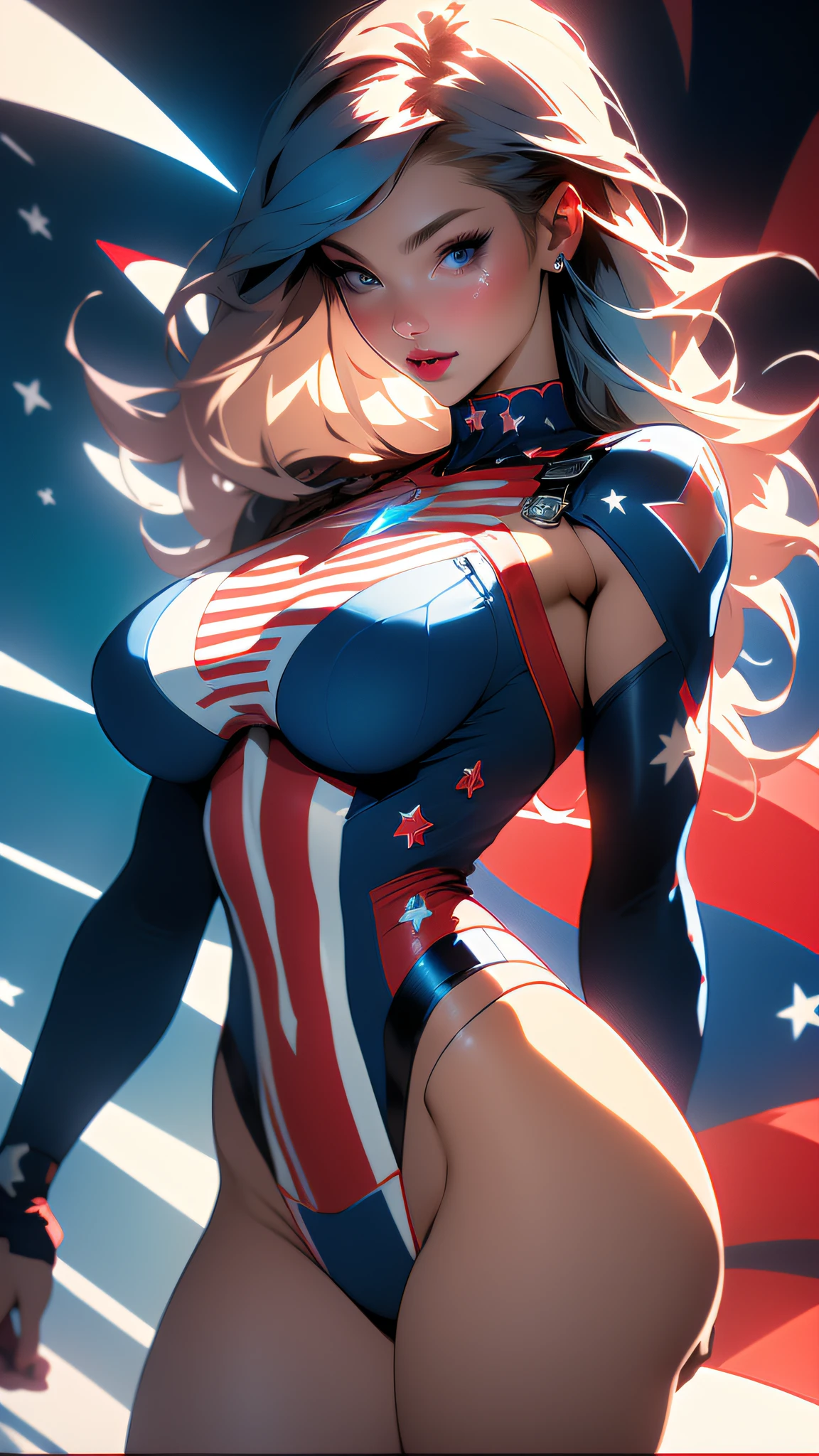 ((Best quality)), ((masterpiece)), (detailed: 1.4), Absurd, Captain America, Caucasian woman soldier ready for war, muscular body defined, half-thick bare thighs, closed mouth, only panties, muscular body parts covered by technological clothing, (((large breasts)) perfect, generous neckline, ((dark blue,red and white clothing)), USA, pastel, long black straight hair, short underwear, garter belt,  by mucha, niji --V5, close to real, best quality, almost naked, psychopath, crazy face, sexy pose, 2 pieces outfit, star and lightning drawings on the arms, cyberpunk, dark blue bra with 5-pointed stars covering the breasts, red and white stripes on the arms, pointed shoulder pads, blue eyes without pupils, HDR (High Dynamic Range),Ray Tracing, NVIDIA RTX,Super-Resolution,Unreal 5,Subsurface Dispersion, PBR Texture, Post-processing, Anisotropic filtering, Depth of field, Maximum clarity and sharpness, Multilayer textures, Albedo and specular maps, Surface shading, Accurate simulation of light-material interaction, Perfect proportions, Octane Render, Two-tone lighting, Wide aperture, Low ISO, White balance, Rule of thirds, 8K