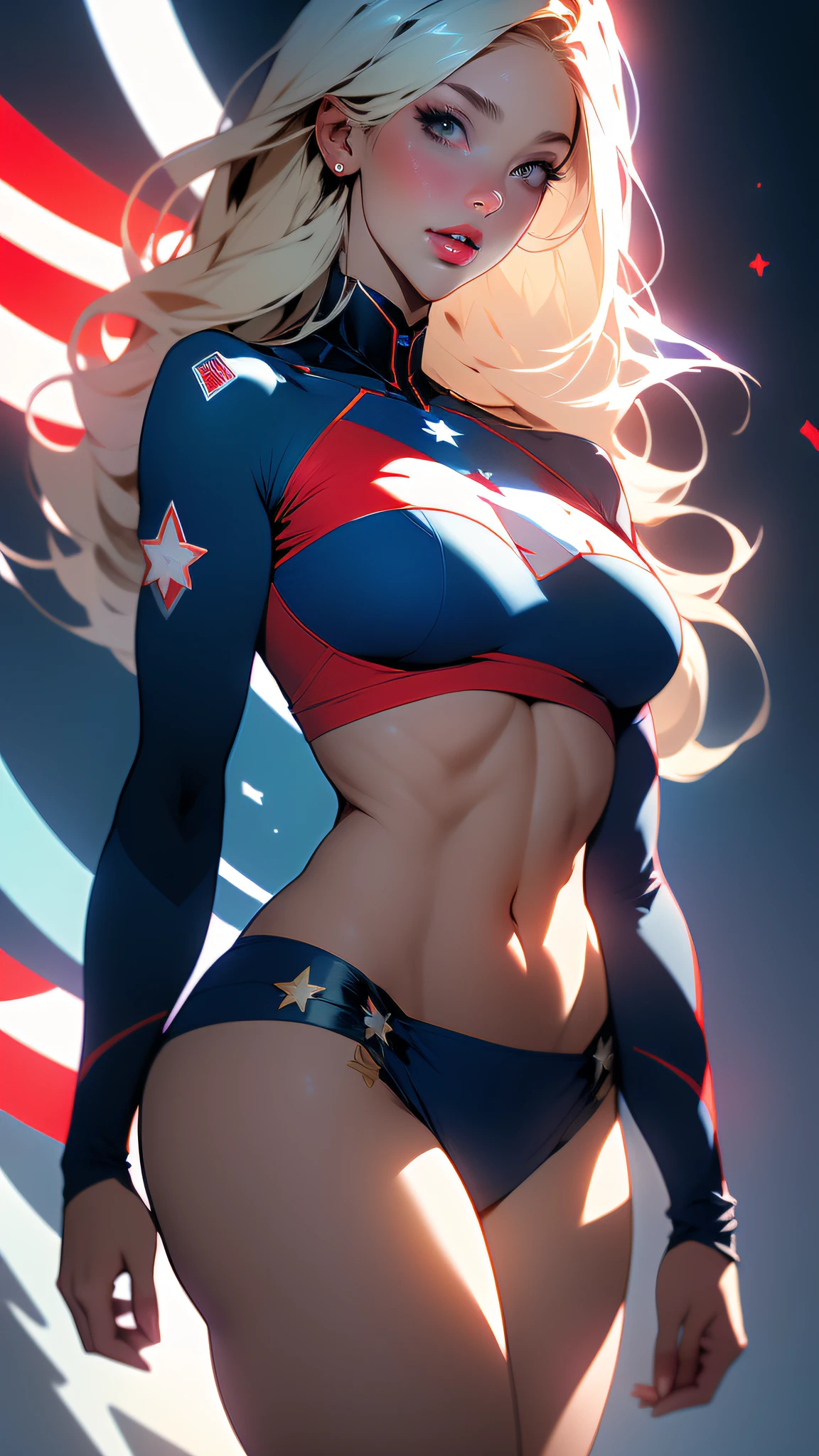 ((Best quality)), ((masterpiece)), (detailed: 1.4), Absurd, Captain America, Caucasian woman soldier ready for war, muscular body defined, half-thick thighs bare, mouth closed, only panties, muscular body parts covered by technological clothing, (((large breasts)) perfect, generous neckline, ((dark blue, red and white clothing)), USA, pastel, long blonde straight hair, short underwear, garter belt,  by mucha, niji --V5, close to real, best quality, almost naked, psychopath, crazy face, sexy pose, 2 pieces outfit, star and lightning drawings on the arms, cyberpunk, dark blue bra with 5-pointed stars covering the breasts, red and white stripes on the arms, pointed shoulder pads, blue eyes without pupils, HDR (High Dynamic Range),Ray Tracing, NVIDIA RTX,Super-Resolution,Unreal 5,Subsurface Dispersion, PBR Texture, Post-processing, Anisotropic filtering, Depth of field, Maximum clarity and sharpness, Multilayer textures, Albedo and specular maps, Surface shading, Accurate simulation of light-material interaction, Perfect proportions, Octane Render, Two-tone lighting, Wide aperture, Low ISO, White balance, Rule of thirds, 8K