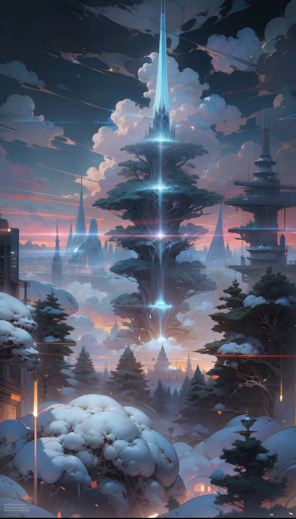 Sky, Clouds, holding_weapon, no_humans, Glow, giant_ trees , cyberpunk_Architecture, "sky, cloud, glowing, big trees , building, cybernetic _trees, tree_mech, sci-fi, cityscape, realistic, mechanical" Science Fiction, Cities, Rendered in Octane, hyper realistic, 8k, epic composition, cinematic, octane render, artstation landscape vista photography by Carr Clifton & Galen Rowell, 16K resolution, Landscape veduta photo by Dustin Lefevre & tdraw, 8k resolution, detailed landscape painting by Ivan Shishkin, DeviantArt, Flickr, rendered in Enscape, Miyazaki, Nausicaa Ghibli, Breath of The Wild,,trending in artstation, cgsociety, 8k post-processing highly detailed,Junji Murakami, Mucha Klimt, Sharandula, Hiroshi Yoshida, Tom Bagshaw, Ross Tran, Artgerm,Craig Mullins,dramatic,Junji Murakami, moody lighting rendered by octane engine,characters 8K symmetrical arstation, cape,cinematic lighting, intricate details, 8k detail post processing, hyperealistic, octane rend, Zdzisław Beksiński style, ar 2:3 Reality Reality --auto --s2