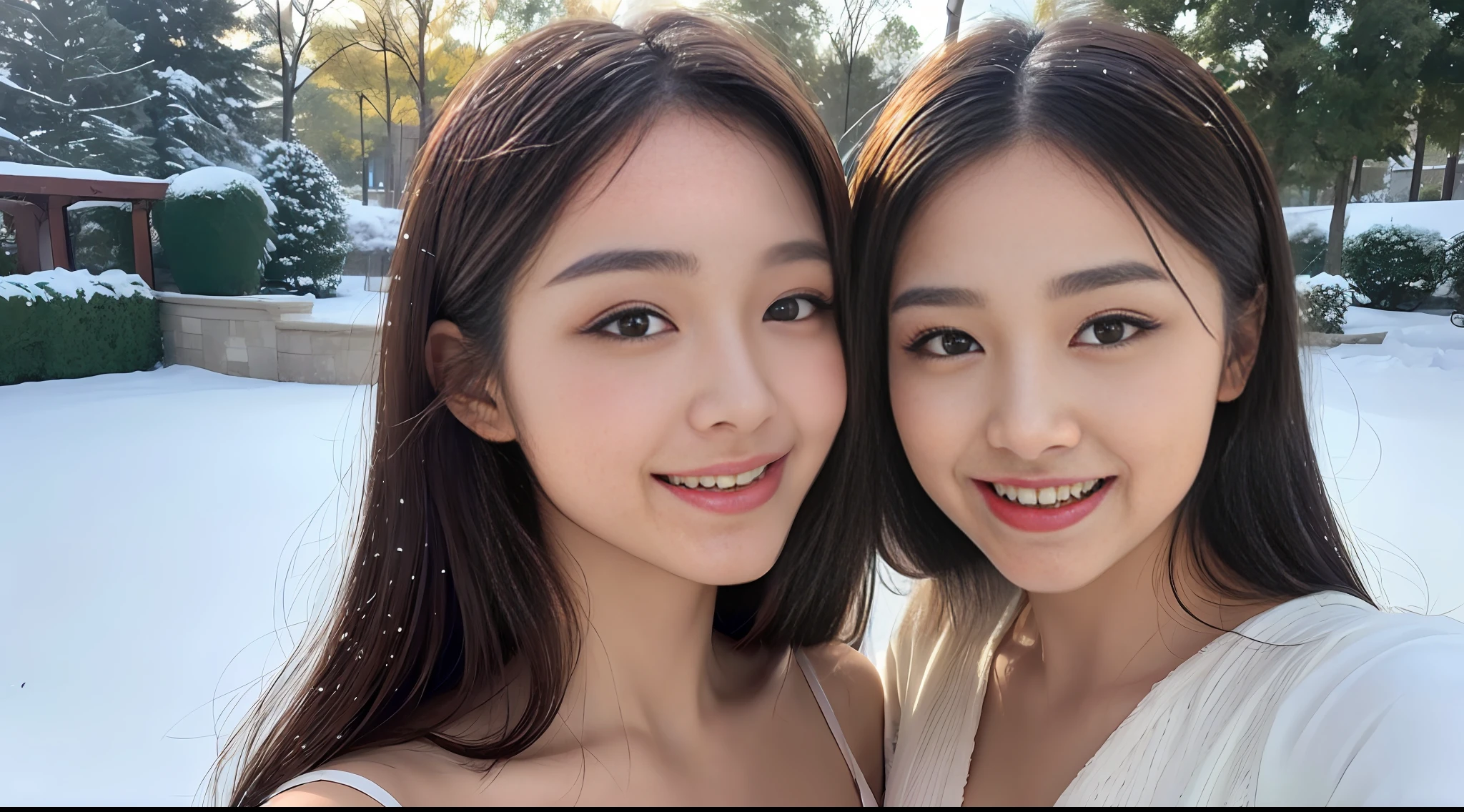((Best Quality, 8K, Masterpiece: 1.3)), Selfie, Sharp Focus: 1.2, Cute Beauty in Perfect Shape: 1.4, Slim : 1.2, ((Brown Black, Big Breasts Happy Expression, Standing: 1.2), ((Snow, Snow: 1.3 Made with a female main focus)), Highly detailed face and skin texture, detailed eyes, double eyelids, smile.