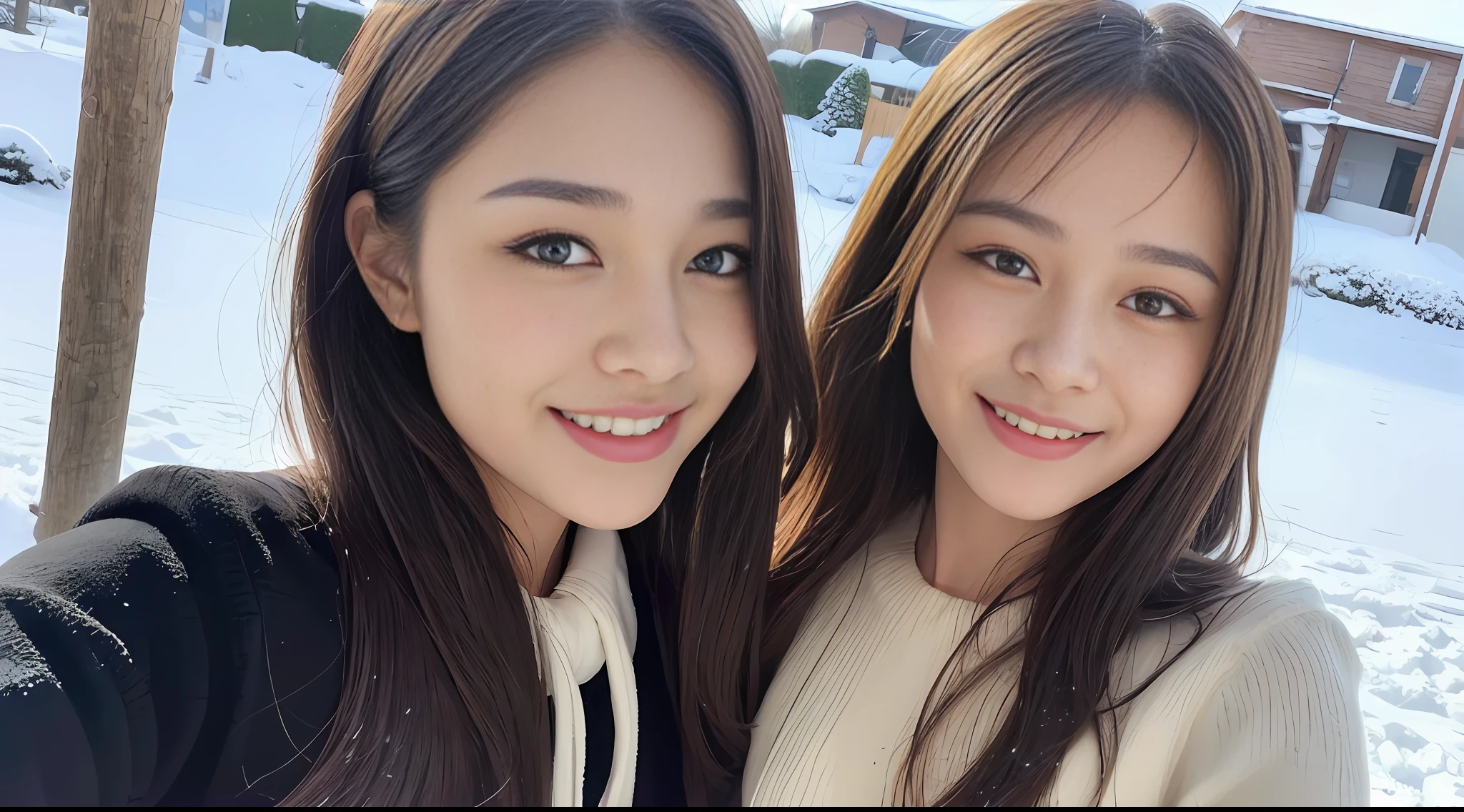 ((Best Quality, 8K, Masterpiece: 1.3)), Selfie, Sharp Focus: 1.2, Cute Beauty in Perfect Shape: 1.4, Slim Big Breasts: 1.2, ((Brown Black, Big Breasts: 1.2)), (, Happy Expression, Standing: 1.2), ((Snow, Snow: 1.3 Made with a female main focus)), Highly detailed face and skin texture, detailed eyes, double eyelids, smile.