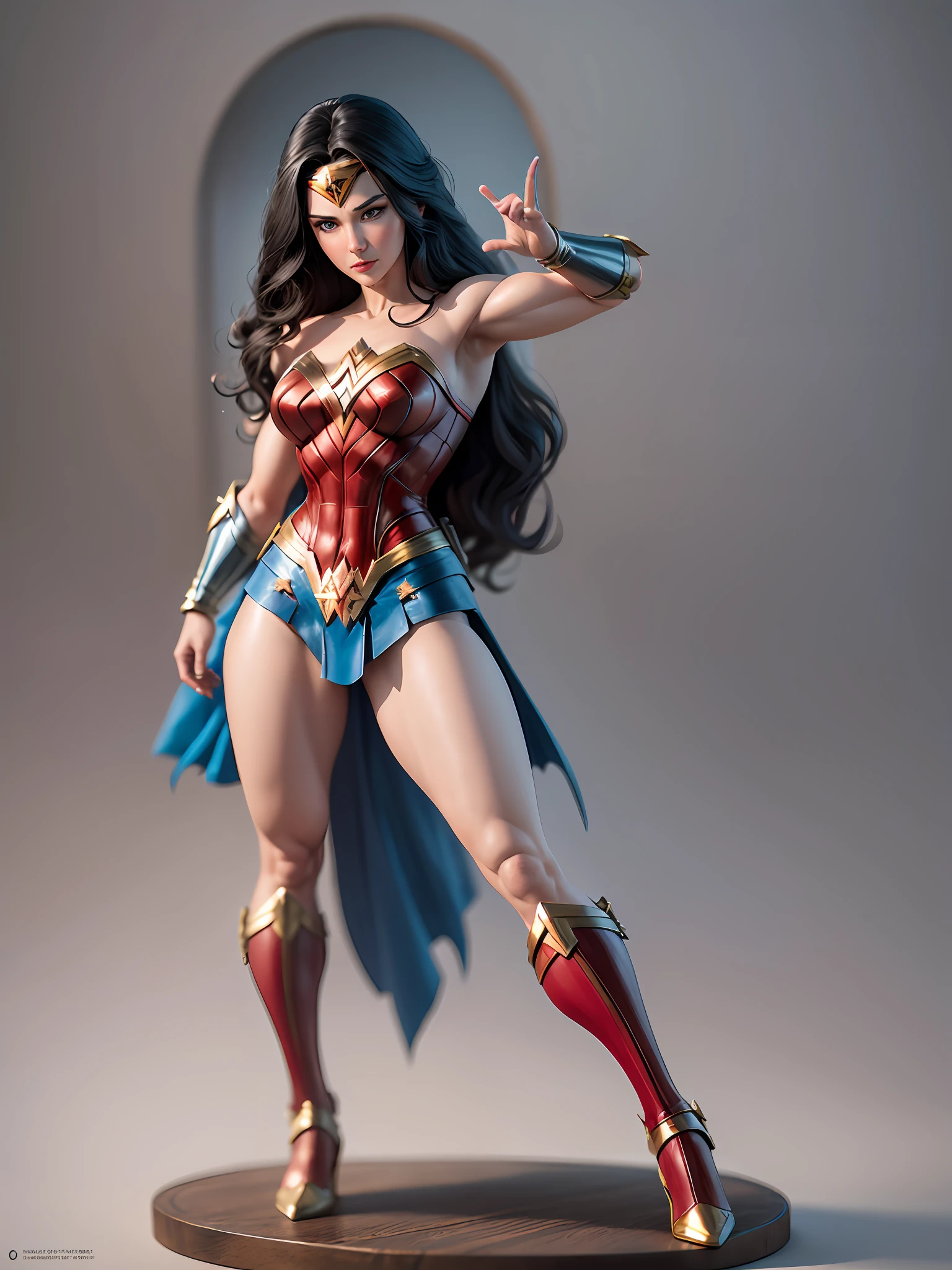 A DC hero figure shaped like a minimalist caricature of Wonder Woman. The doll's characteristics are represented with simple and clean lines, highlighting the main traits of the character. Wonder Woman is iconically portrayed with solid, vibrant colors like her red, blue and gold outfit. The caricature has a clear outline, highlighting the character's distinctive elements. The lighting is soft, bringing out essential details. The artistic reference is the minimalist style, focusing on the authentic representation of Wonder Woman. The doll is in 3D format, allowing a three-dimensional visualization of the character. It is a full-body puppet, capturing all of Wonder Woman's signature elements in her heroic stance., Artwork features a centered design, with references to Leonardo Difusion and Midjourney styles. The resolution is 8k, using the powerful Engine 5 graphics engine to ensure impressive visual quality. The image is in 3D format, providing a three-dimensional experience. You can resize the image as needed, maintaining sharpness and detail. Artwork depicts the hero in full body, allowing full view of all elements. The framing is total, capturing every detail and conveying the grandeur of the character --auto --s2