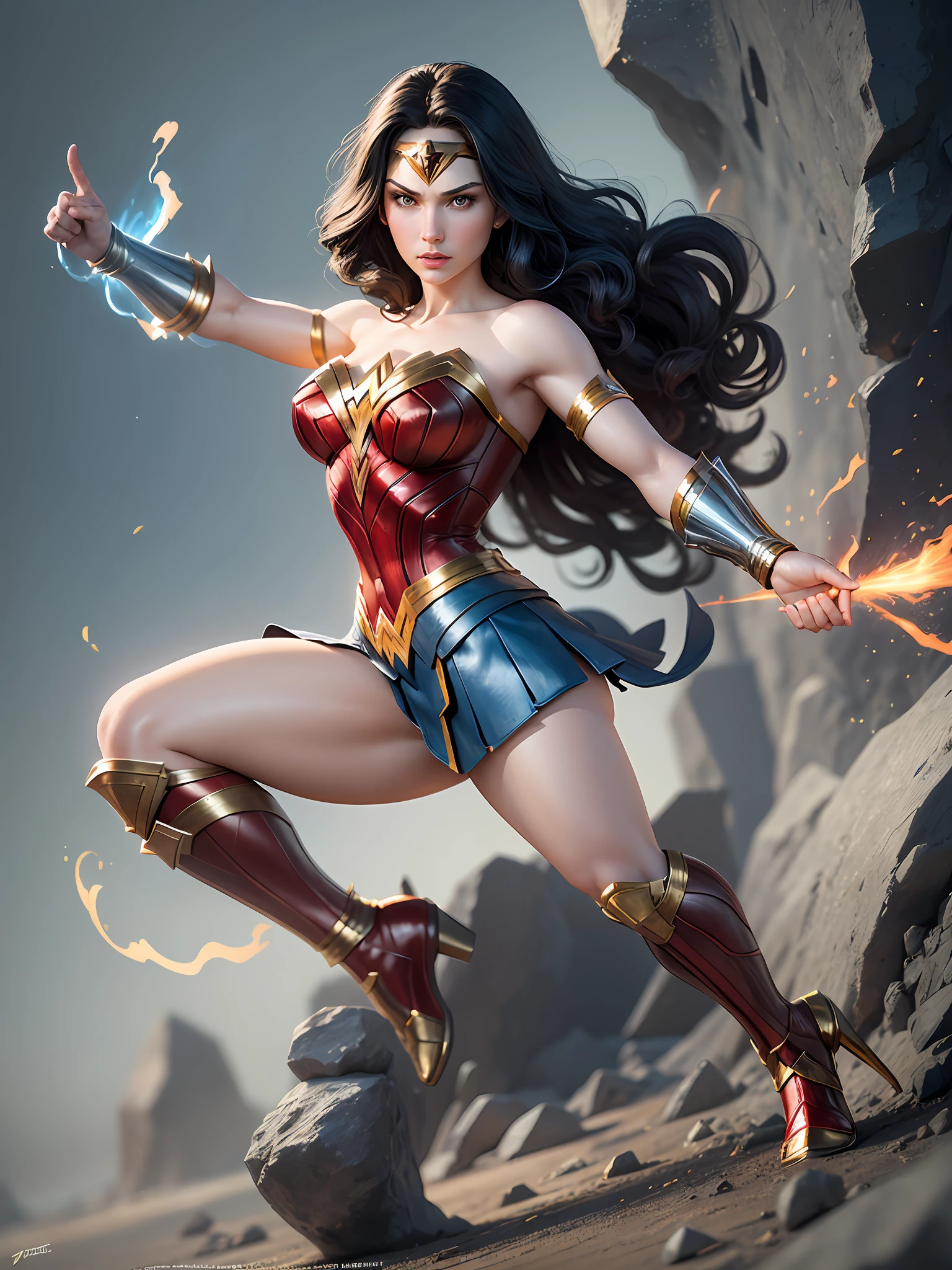 A DC hero figure shaped like a minimalist caricature of Wonder Woman. The doll's characteristics are represented with simple and clean lines, highlighting the main traits of the character. Wonder Woman is iconically portrayed with solid, vibrant colors like her red, blue and gold outfit. The caricature has a clear outline, highlighting the character's distinctive elements. The lighting is soft, bringing out essential details. The artistic reference is the minimalist style, focusing on the authentic representation of Wonder Woman. The doll is in 3D format, allowing a three-dimensional visualization of the character. It is a full-body puppet, capturing all of Wonder Woman's signature elements in her heroic stance., Artwork features a centered design, with references to Leonardo Difusion and Midjourney styles. The resolution is 8k, using the powerful Engine 5 graphics engine to ensure impressive visual quality. The image is in 3D format, providing a three-dimensional experience. You can resize the image as needed, maintaining sharpness and detail. Artwork depicts the hero in full body, allowing full view of all elements. The framing is total, capturing every detail and conveying the grandeur of the character --auto --s2