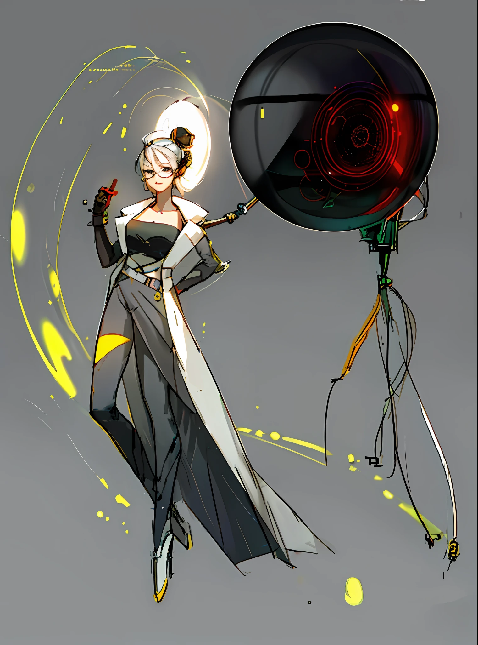 Scientist, cyberpunk, left hand mechanized, mechanical feet, character connected sphere, particle effect on right hand, (character original art), snapping fingers, mechanical sphere, (gray background), wearing glasses