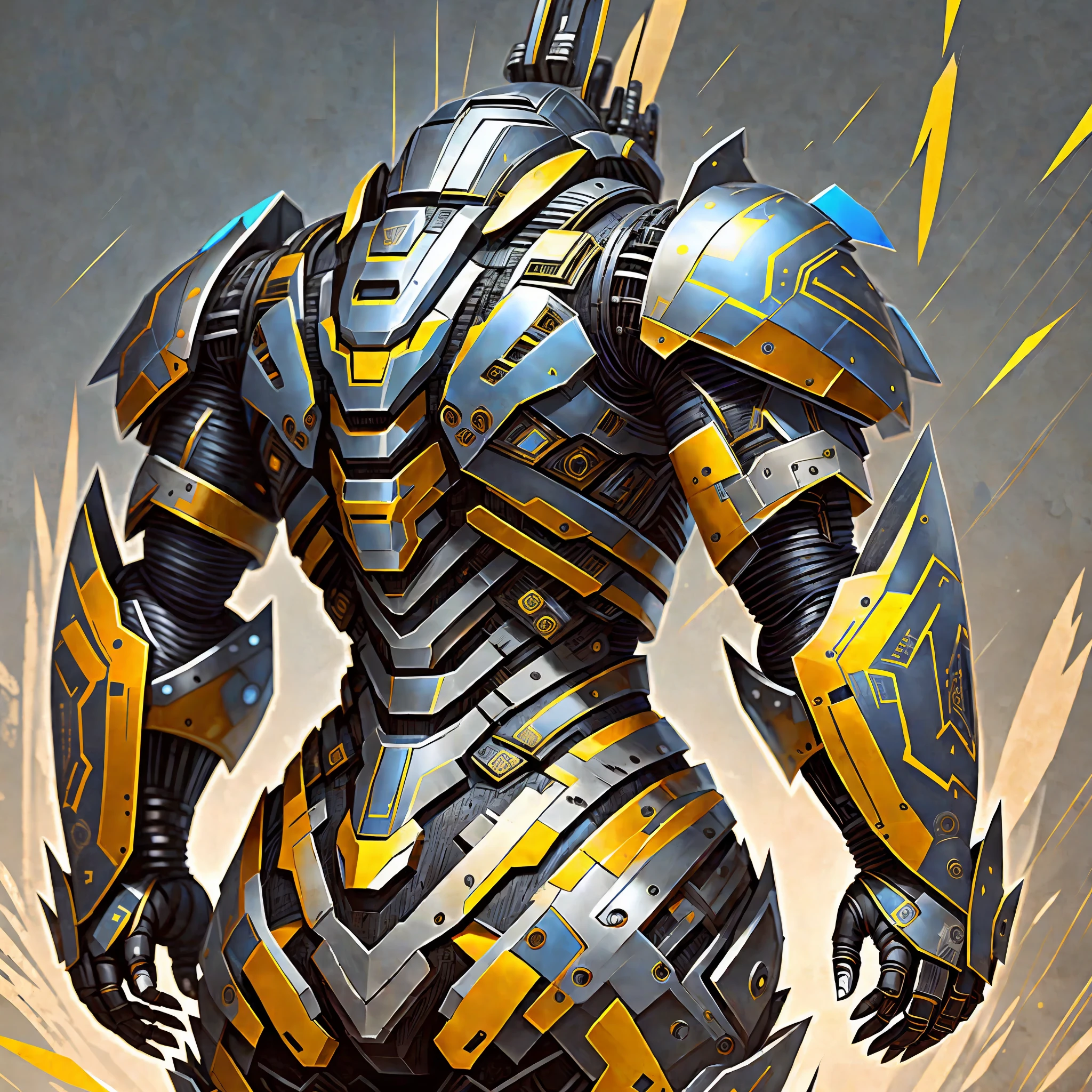 Robot back, muscular shape armor, rich sense of rhythm, rich sense of layering, rich sense of mechanics, heavy armor, imitation muscle armor, sci-fi future, black robot, black silver main color, blue embellishment, remove yellow