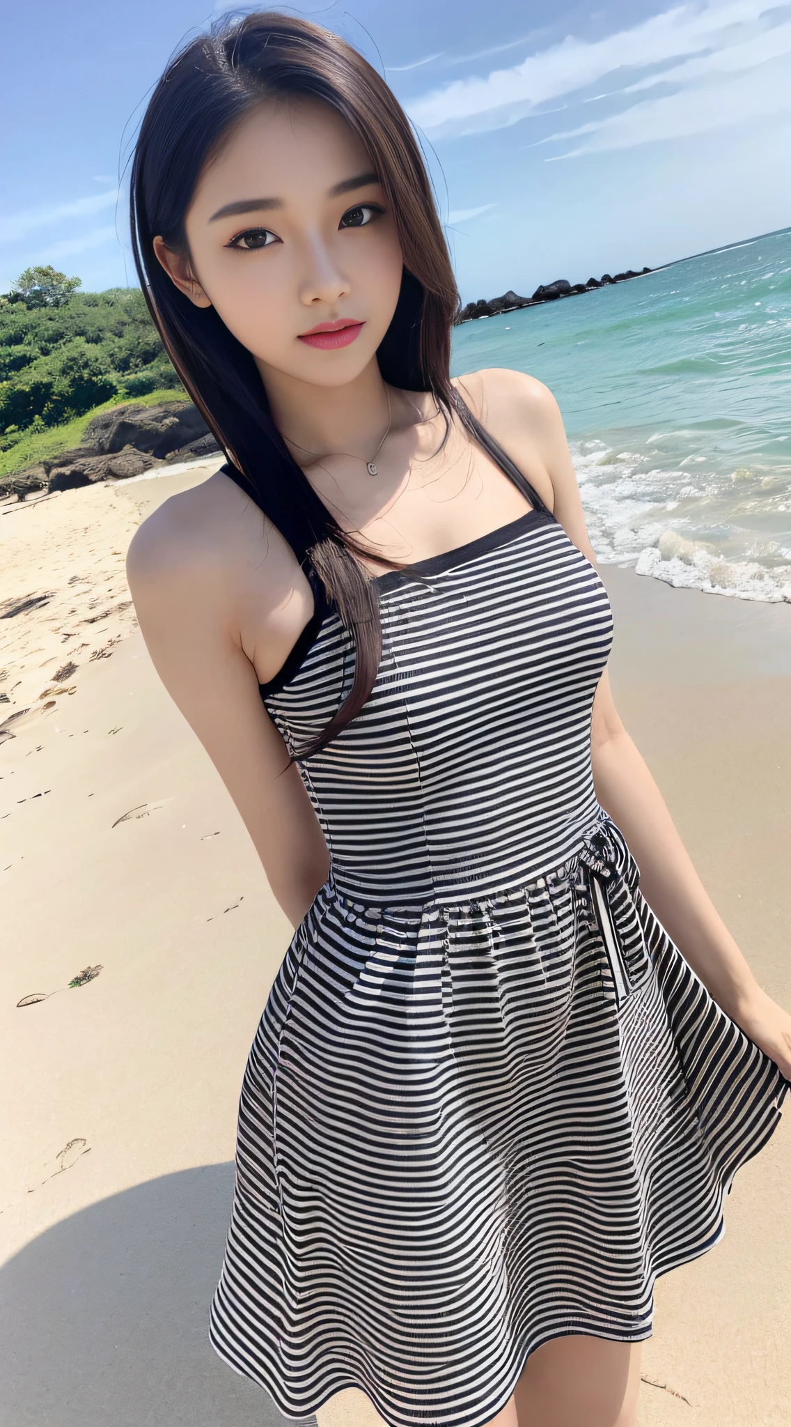 Arafe woman in black and white striped dress on the beach, beautiful korean woman, gorgeous young korean woman, gorgeous chinese model, korean girl, young cute gravure idol, beautiful young korean woman, beautiful asian girl, young and cute girl, dirla vadilumrat, super detailed face