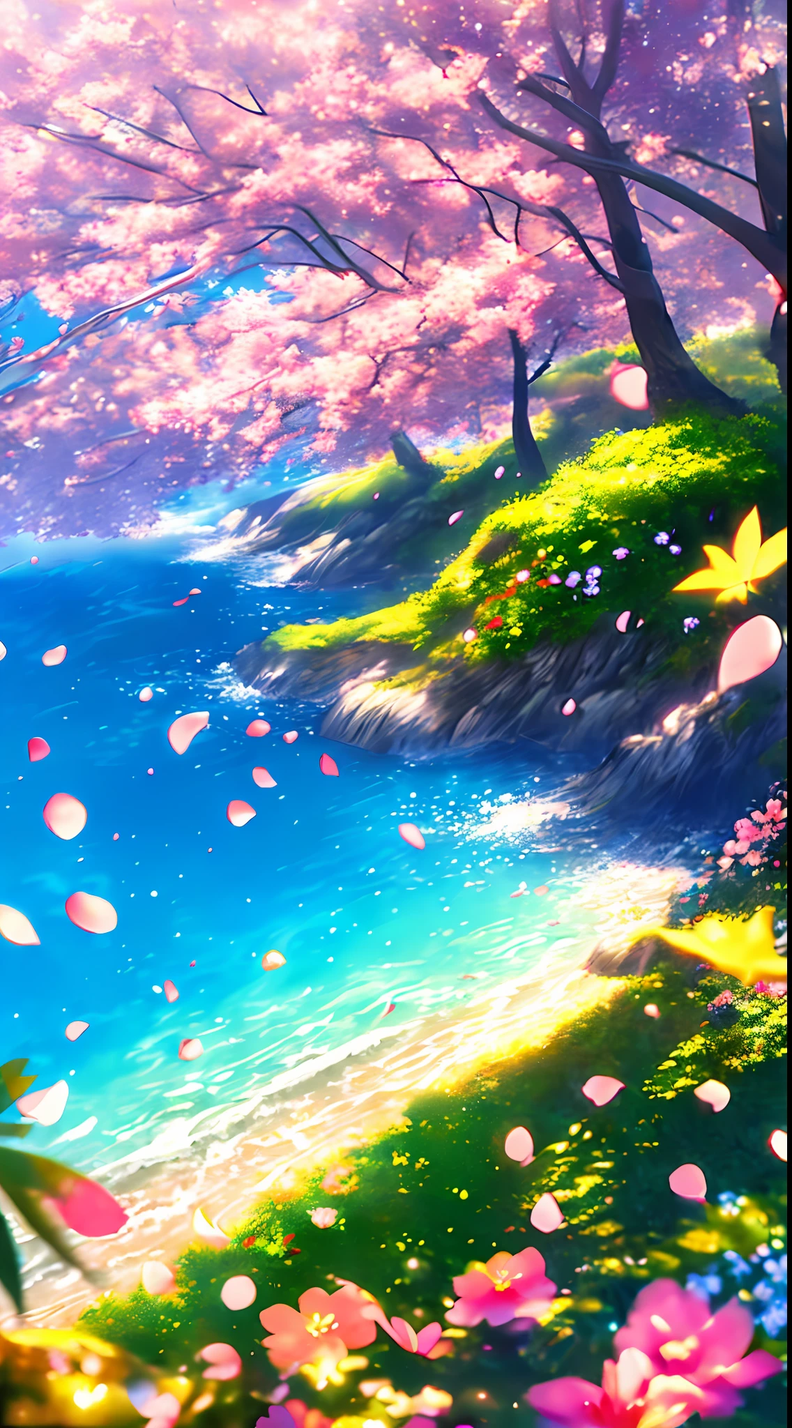 Masterpiece, best quality, (very detailed CG unity 8k wallpaper) (best quality), (best illustration), (best shadows) Nature&#39, blue sea,delicate leaves petals of various colors falling in the air light Tracking, super detailed --v6