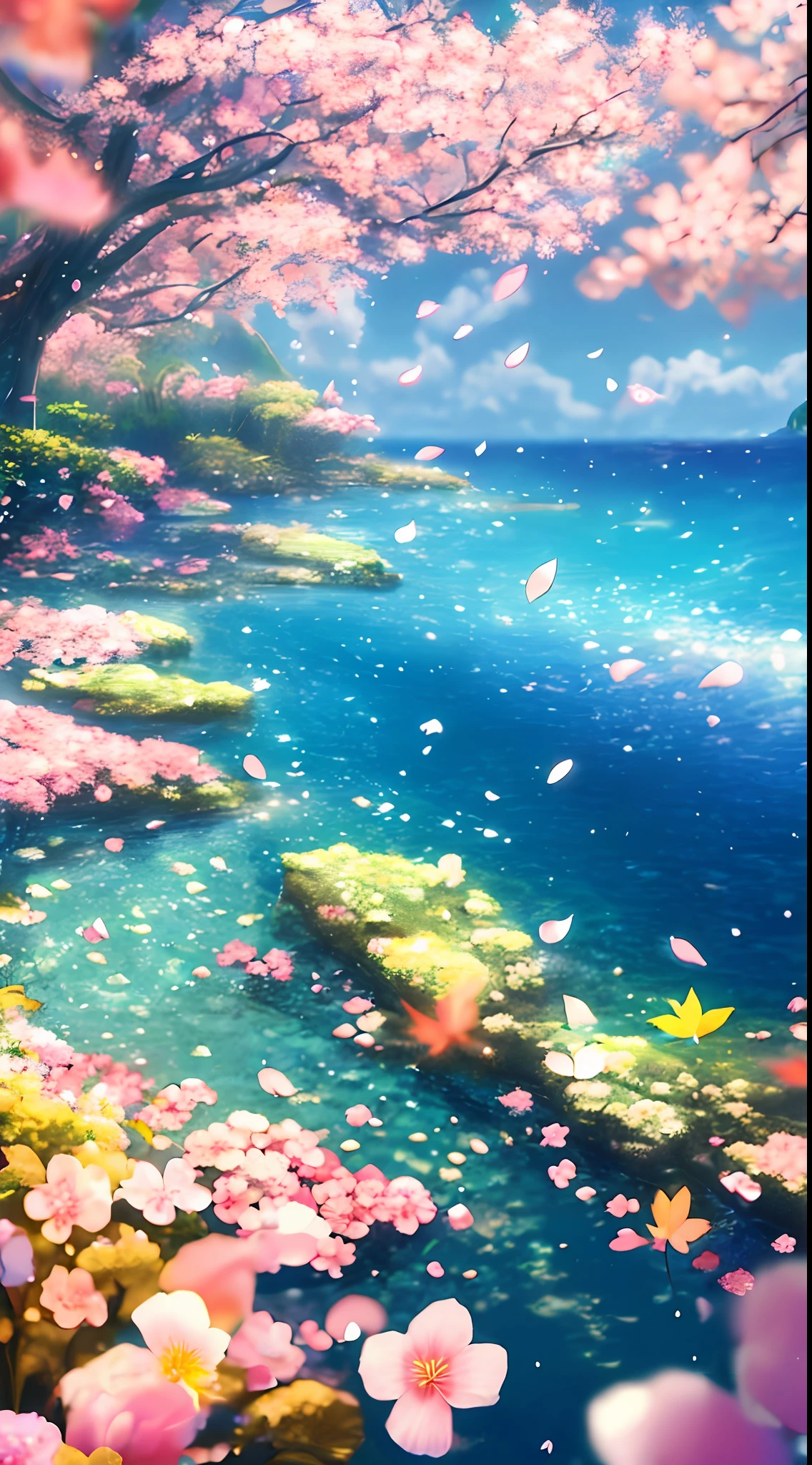 Masterpiece, best quality, (very detailed CG unity 8k wallpaper) (best quality), (best illustration), (best shadows) Nature', blue sea,delicate leaves petals of various colors falling in the air light Tracking, super detailed --v6