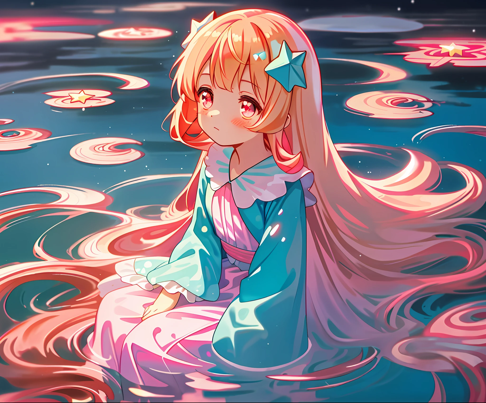 Water, ripples, snow, single portrait, loli, young body, princess, star hair ornament, delicate and beautiful face, expectant eyes, looking up, sitting, scattered long hair, blonde hair, red hair ends, glowing pink eyes, cyan speckled gauze dress